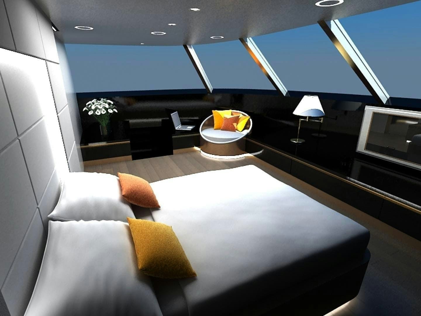 a room with a bed and a table aboard BLUE COAST 88 Yacht for Sale