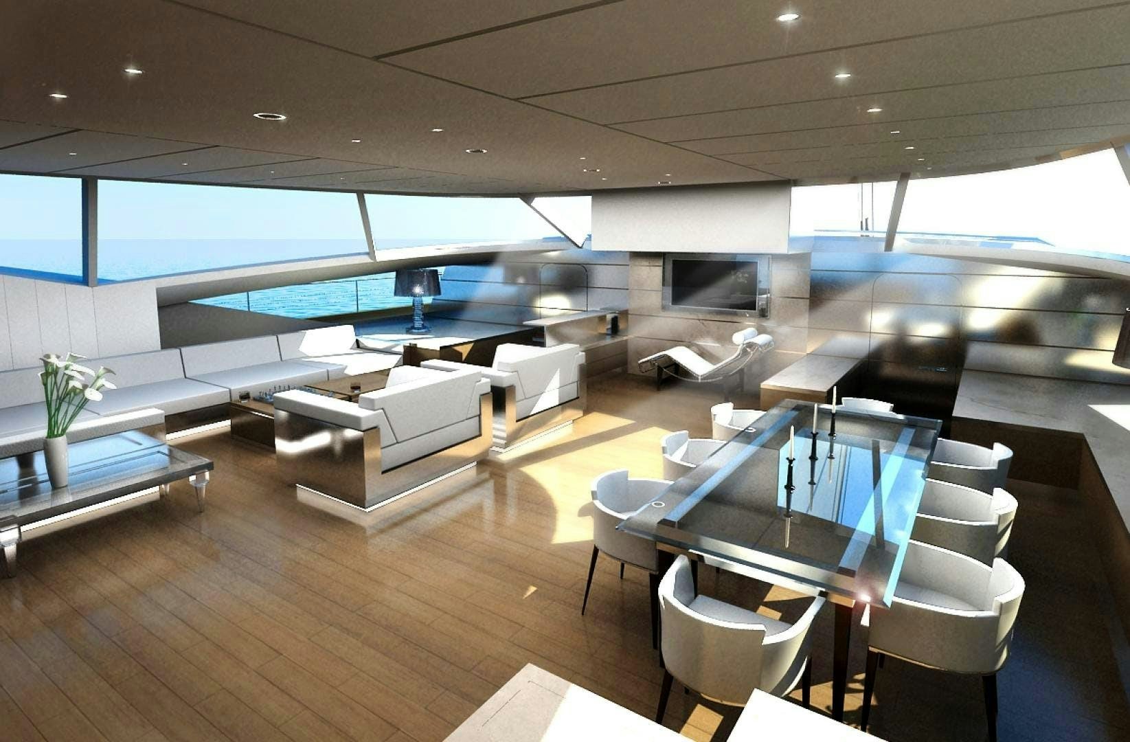 a room with a table and chairs aboard BLUE COAST 88 Yacht for Sale