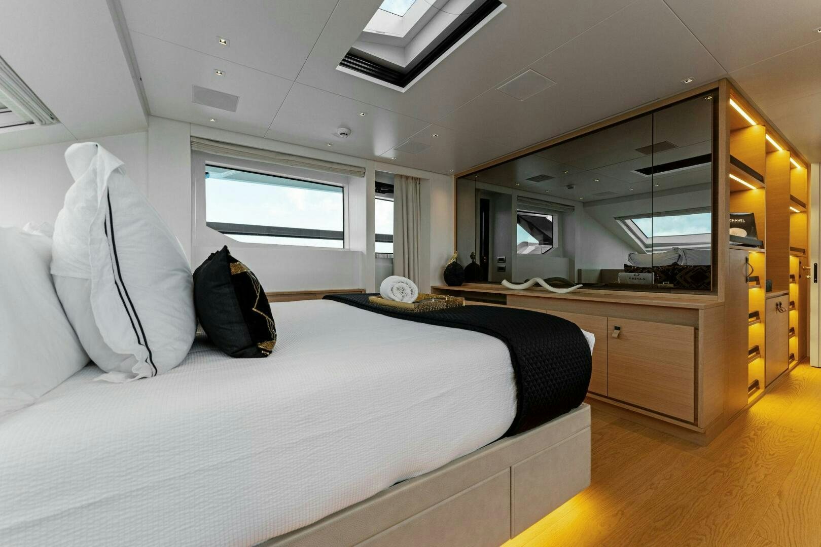 a room with two beds aboard GATSBY Yacht for Sale