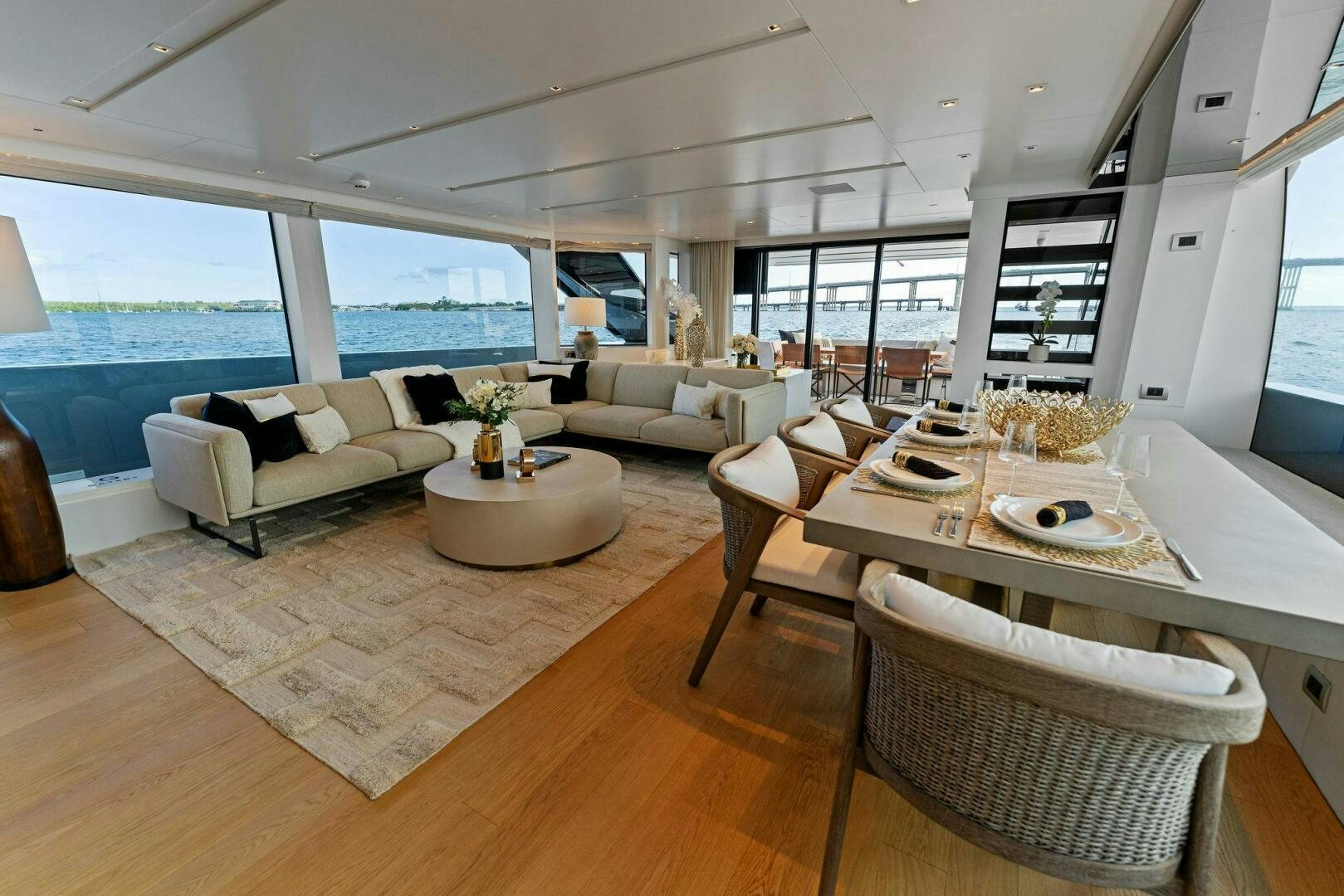 a living room with a large window aboard GATSBY Yacht for Sale