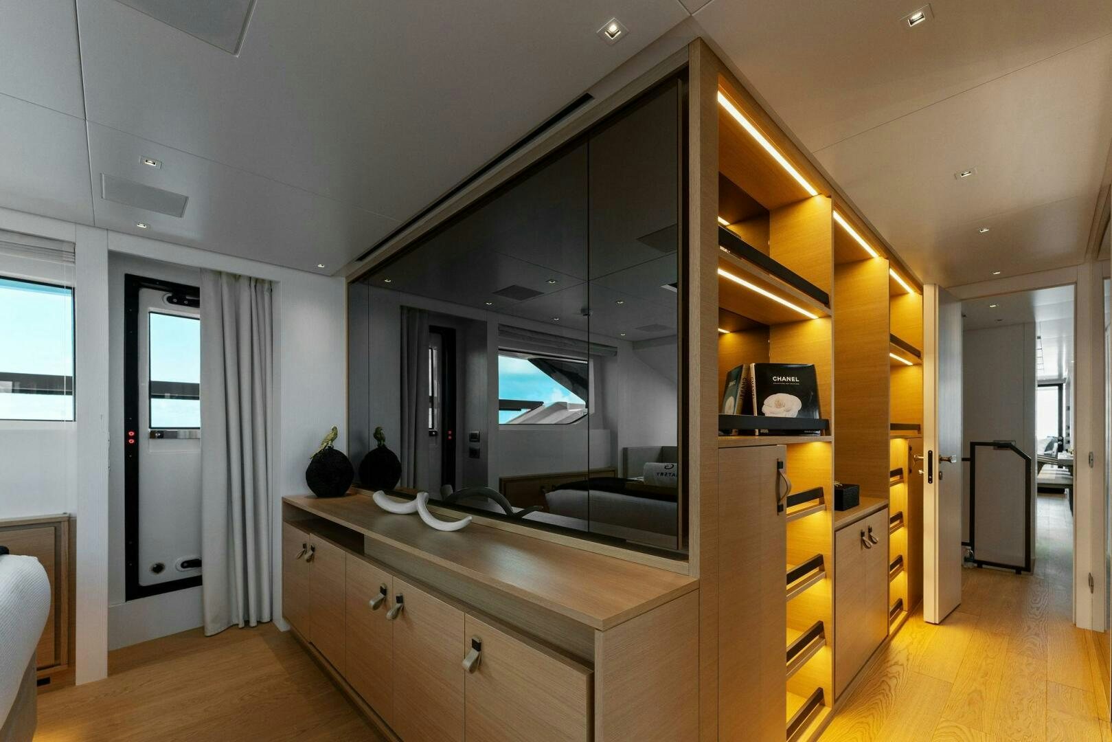 a kitchen with a large mirror aboard GATSBY Yacht for Sale