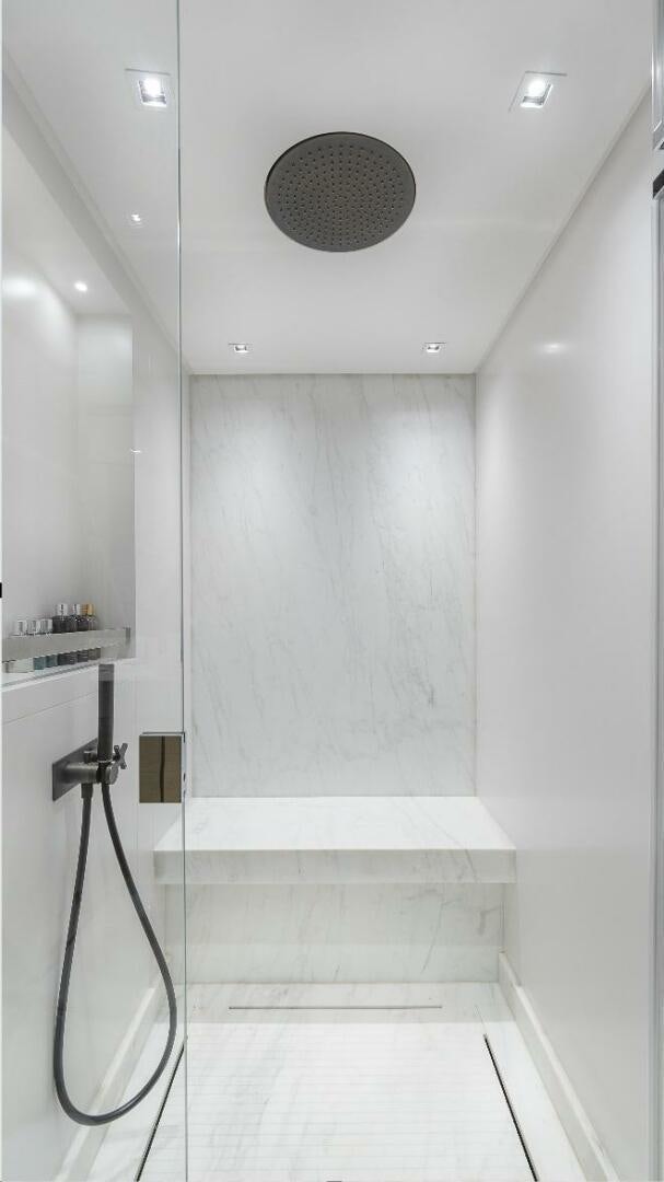 a shower unit in a bathroom aboard GATSBY Yacht for Sale