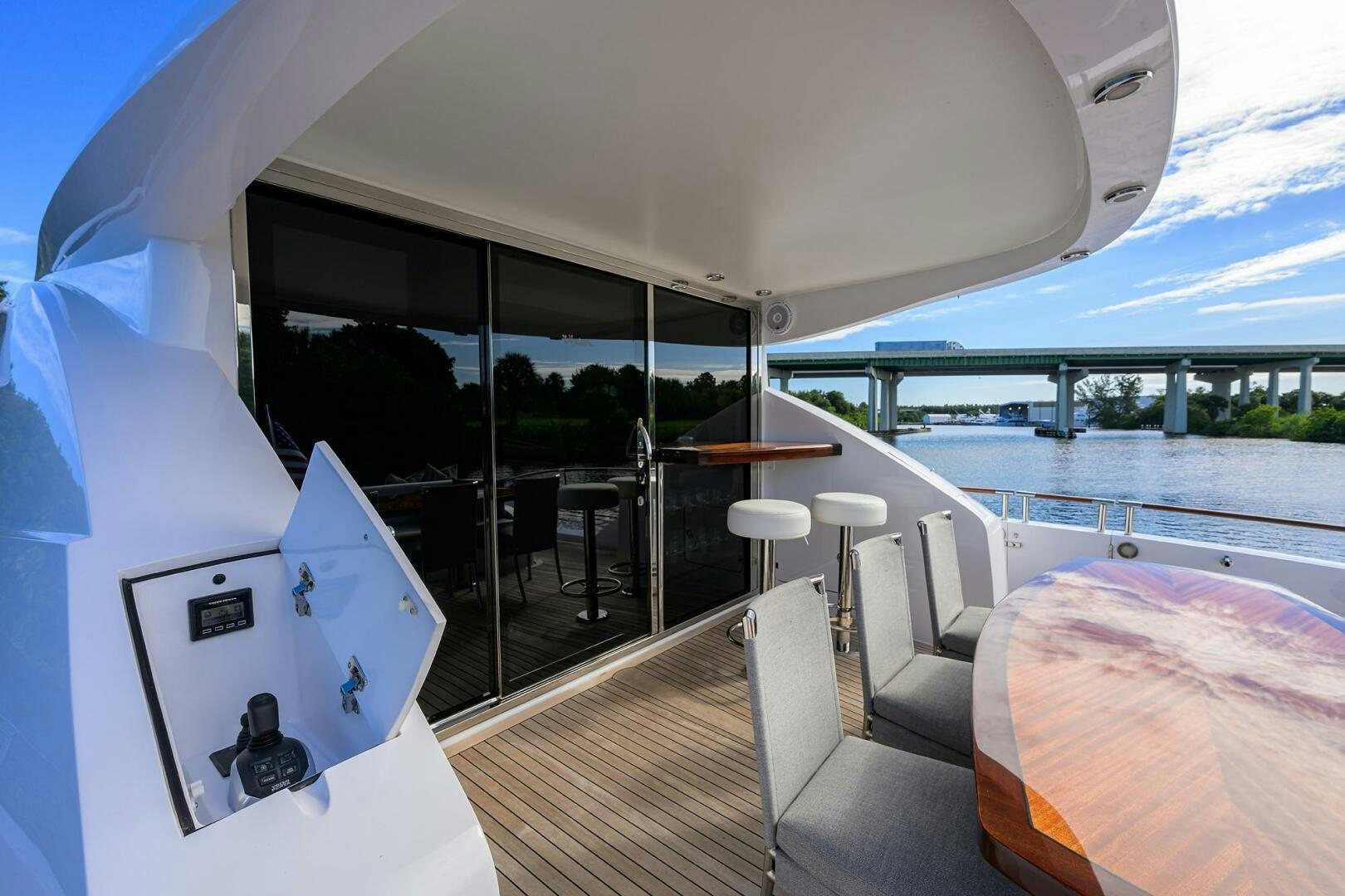 a boat with a balcony aboard VIXEN Yacht for Sale