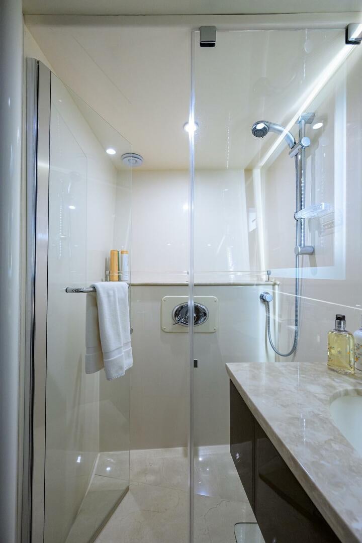 a bathroom with a shower unit aboard VIXEN Yacht for Sale