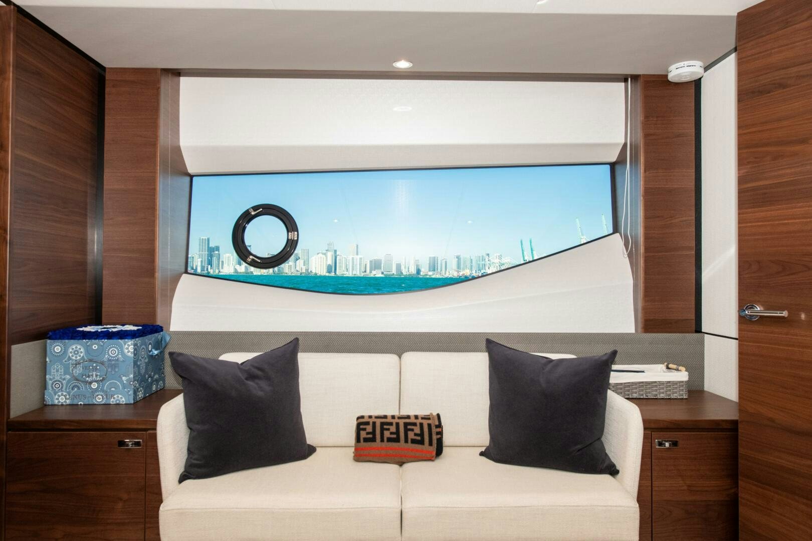 a bed with a large screen aboard LADY D Yacht for Sale