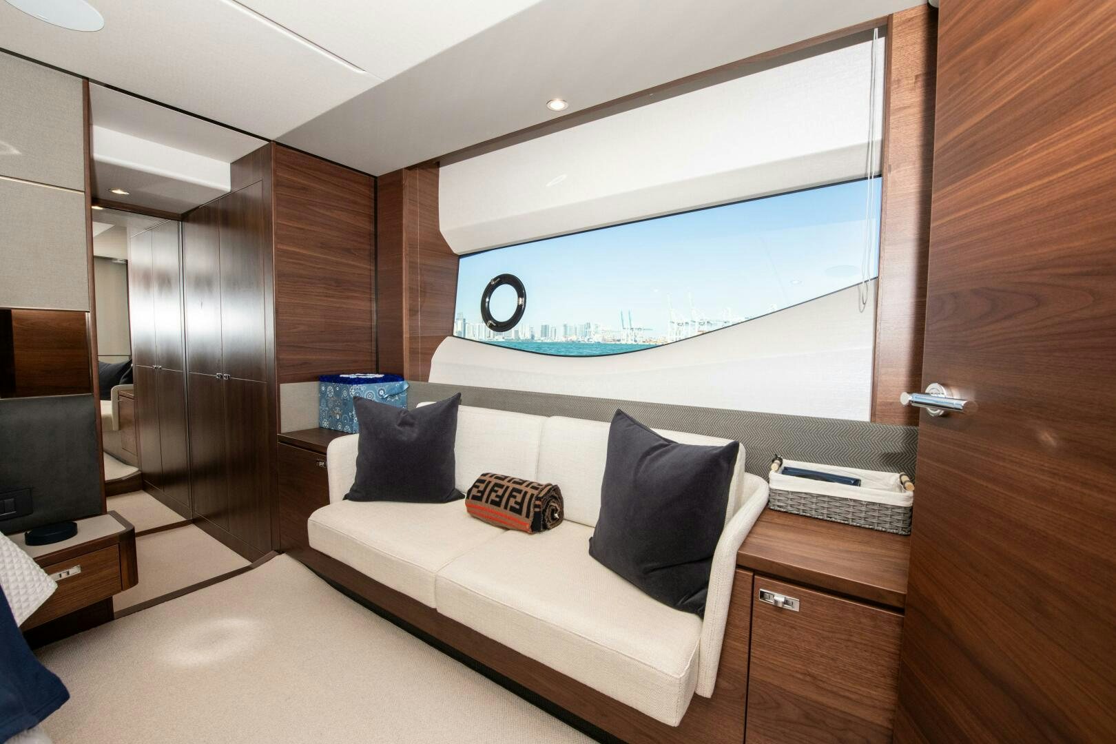 a room with a bed and a tv aboard LADY D Yacht for Sale