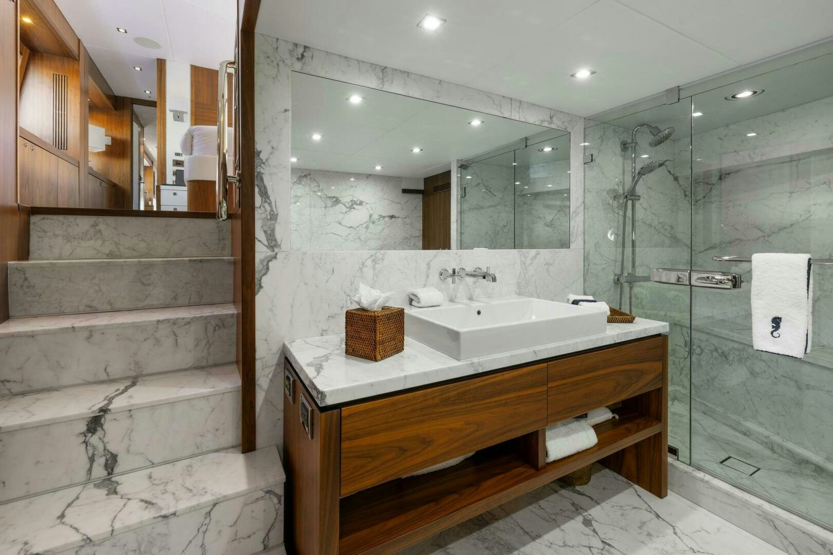 a bathroom with a large mirror aboard SEAHORSE Yacht for Sale