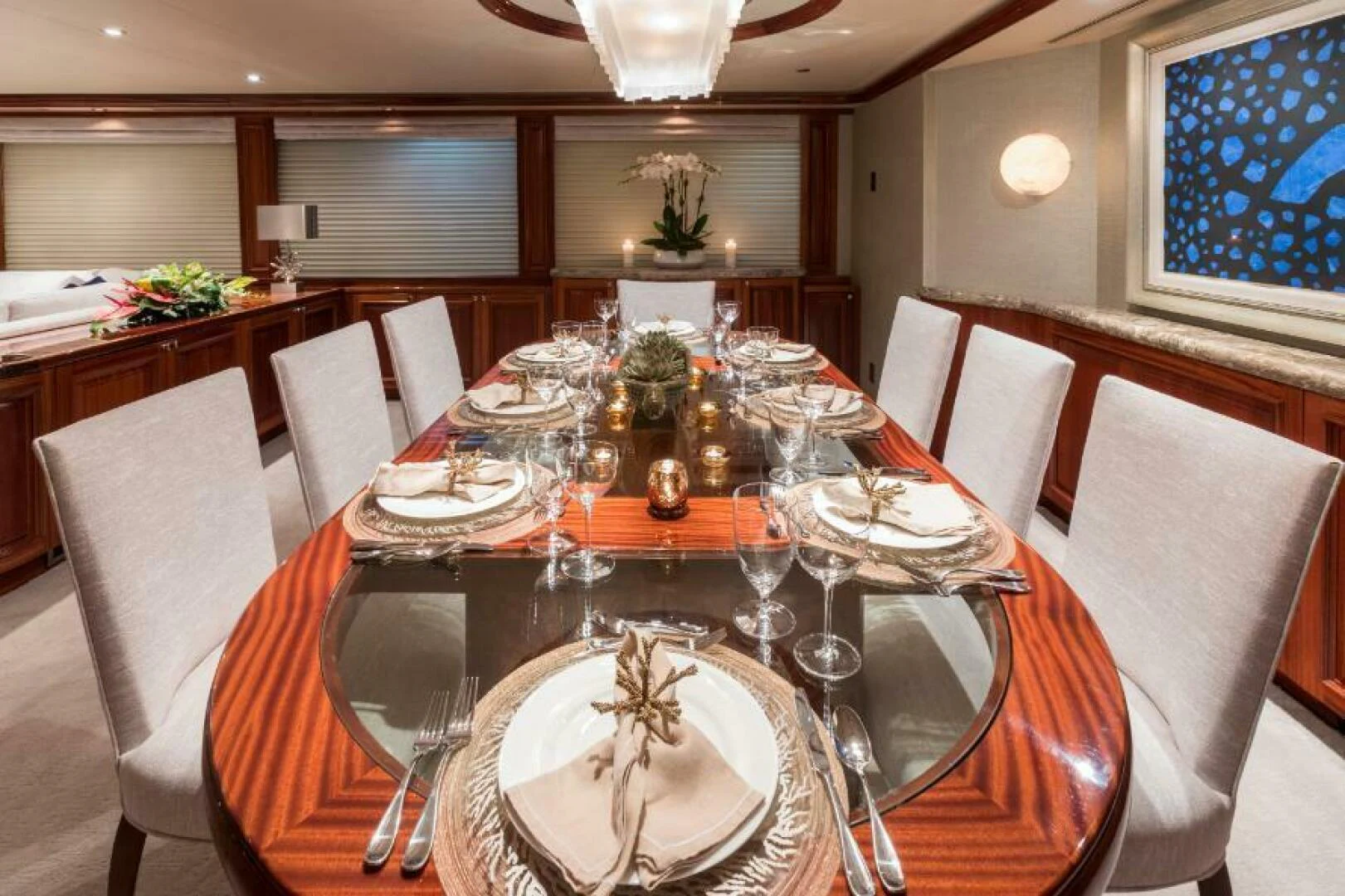 a dining table set for a dinner aboard ALL INN Yacht for Sale