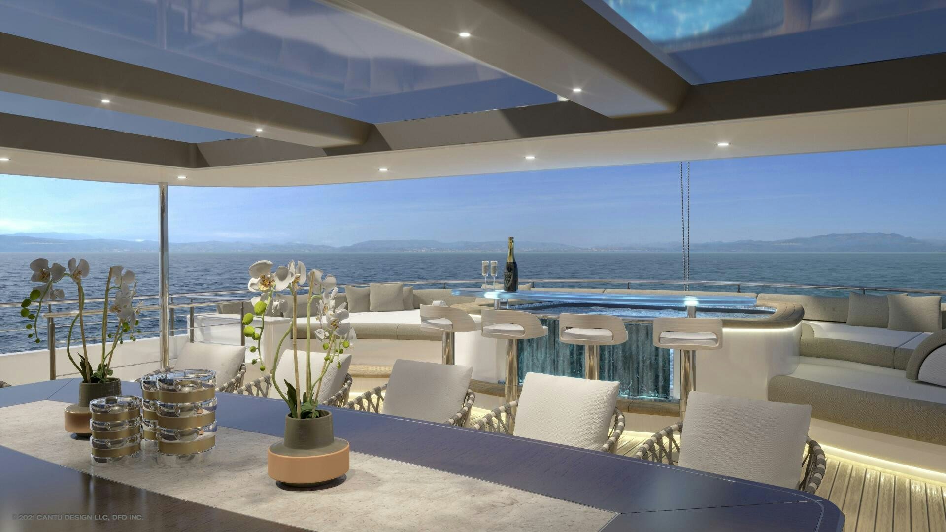 a room with a table and chairs aboard BBC130 PROJECT GARFIELD Yacht for Sale