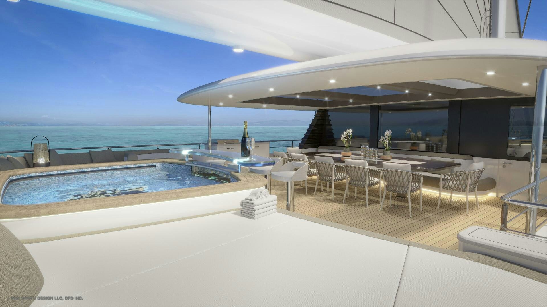 a large swimming pool next to a large patio with a large pool aboard BBC130 PROJECT GARFIELD Yacht for Sale