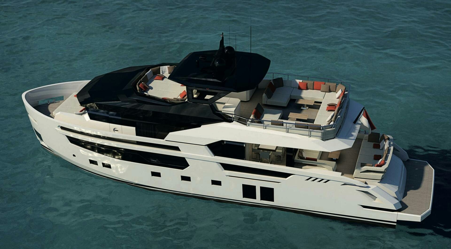 a white boat with black seats on the front aboard TRIBALE YACHTS 80 Yacht for Sale