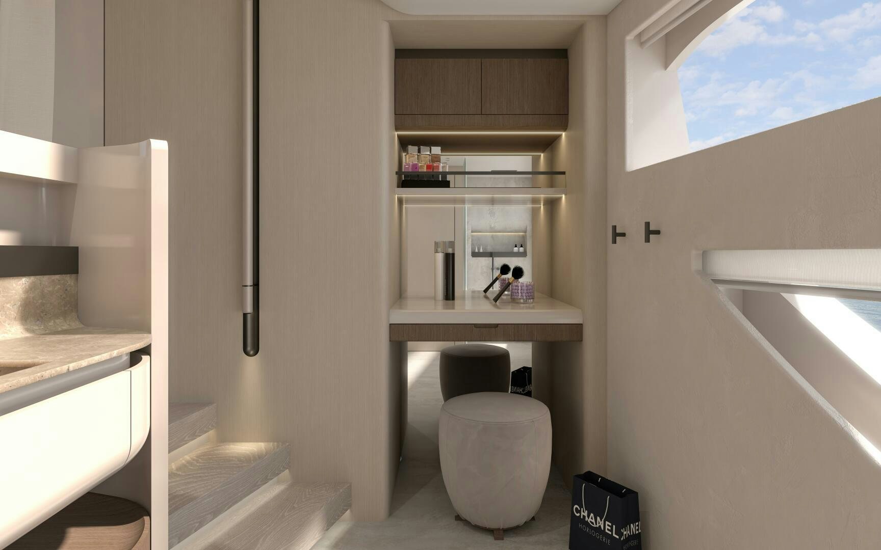 a white room with a white shelf aboard X30 VILLA Yacht for Sale