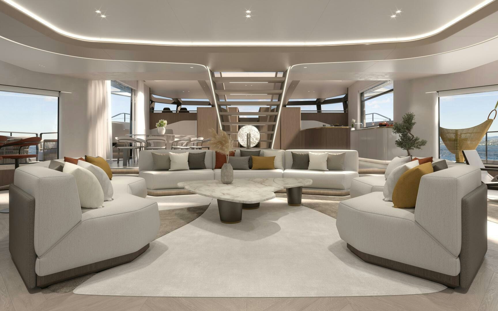 a living room with white couches aboard X30 VILLA Yacht for Sale