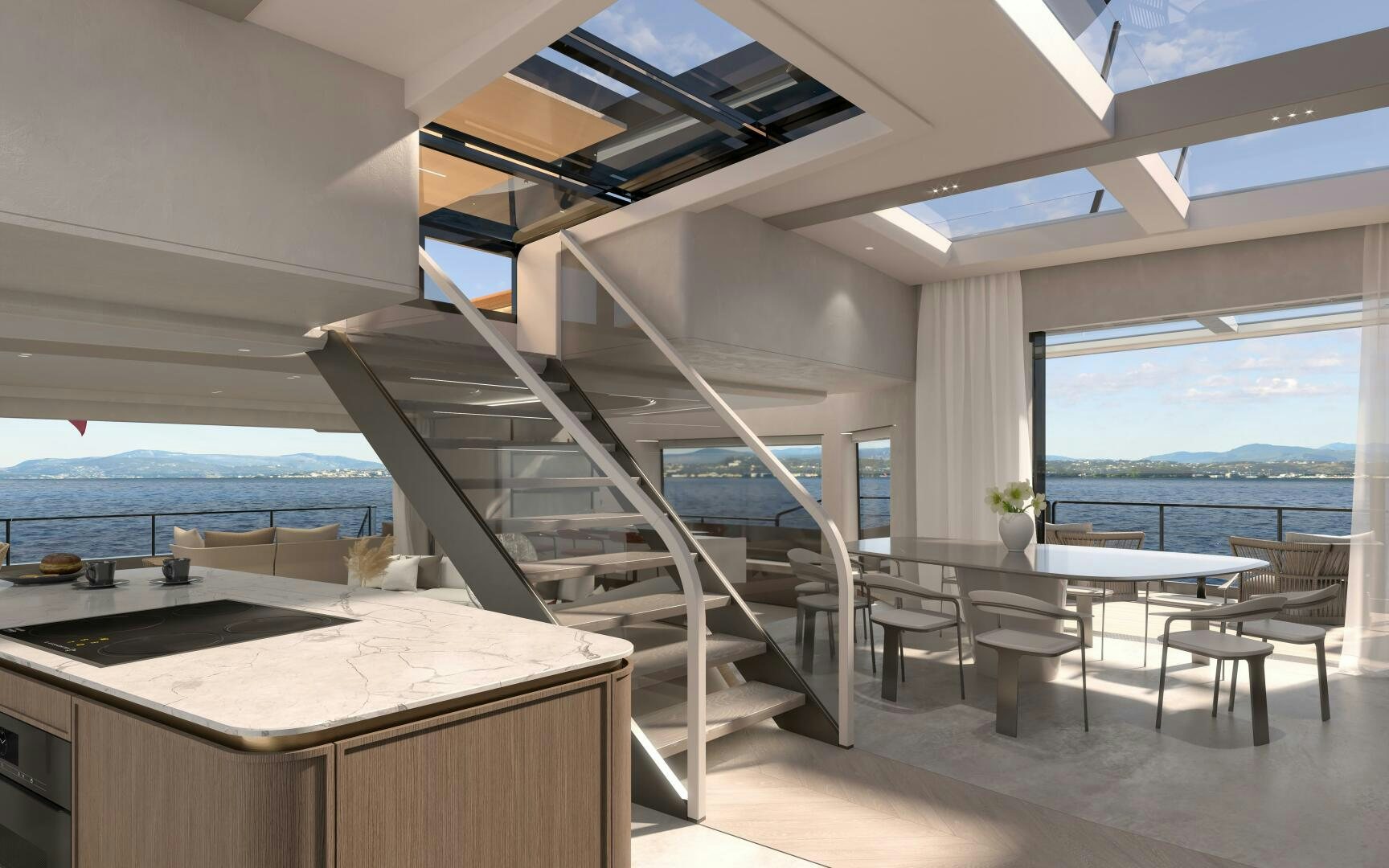 a room with a staircase and a table and chairs aboard X30 VILLA Yacht for Sale