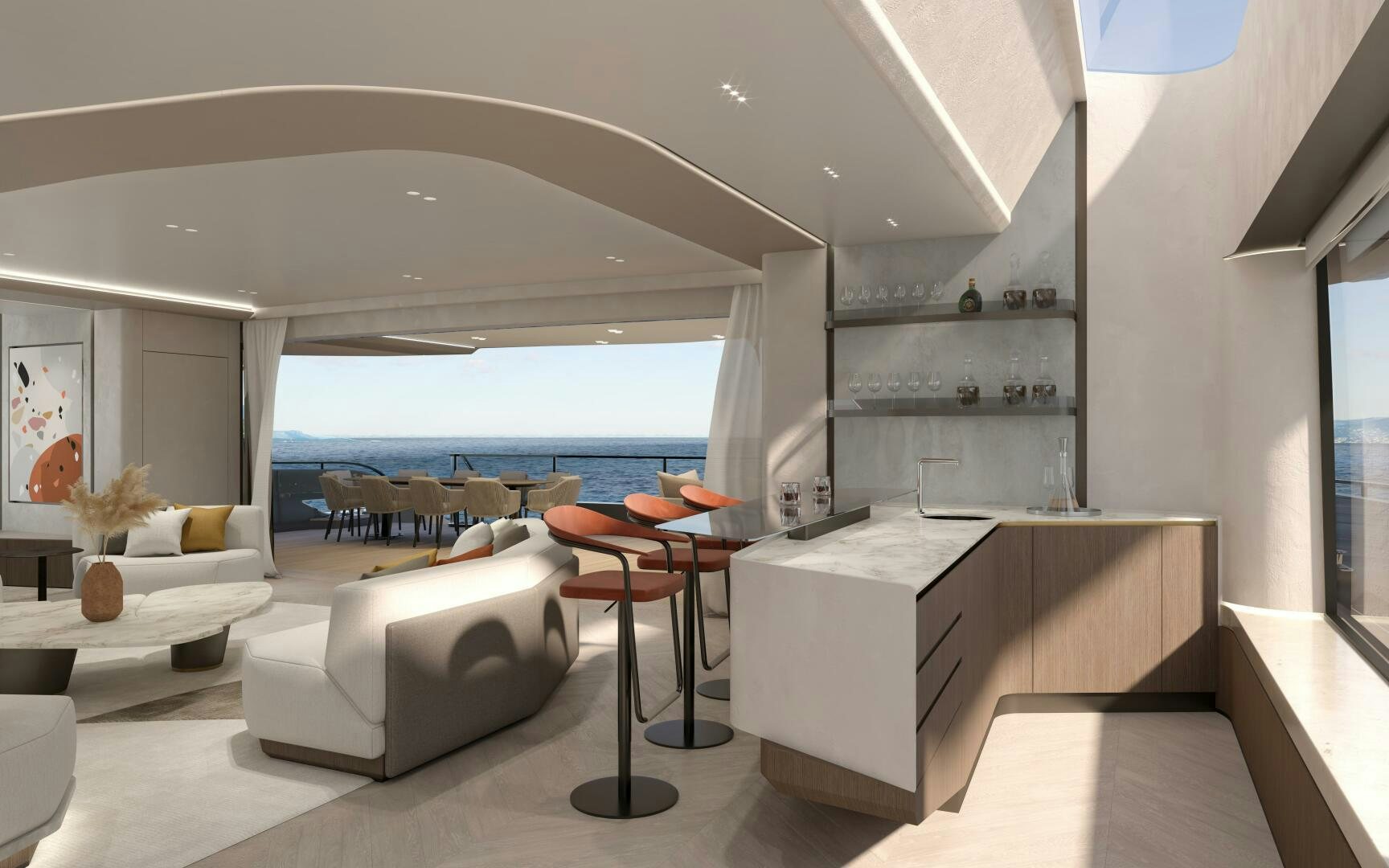 a living room with a white couch and a table aboard X30 VILLA Yacht for Sale