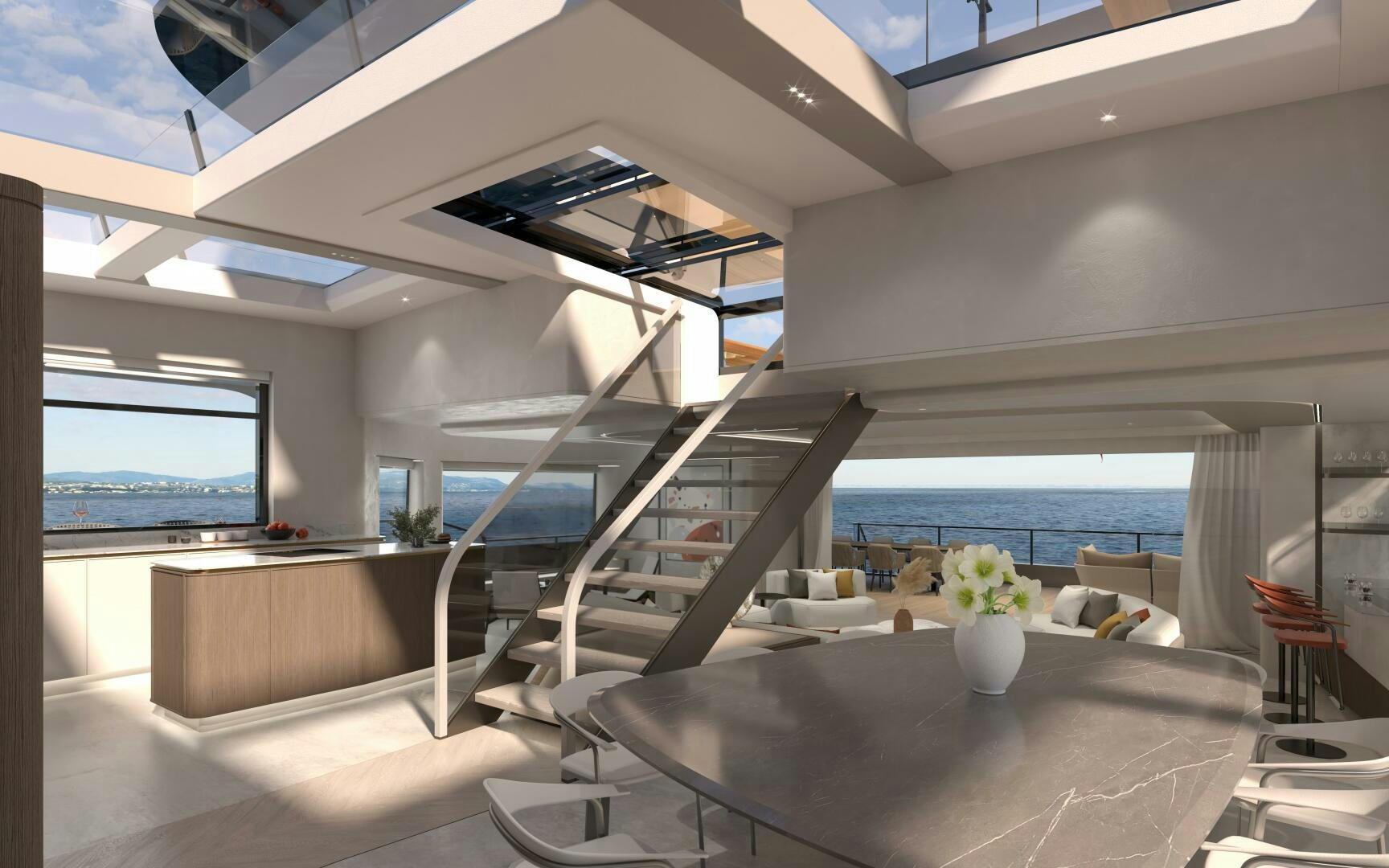 a modern house with a staircase aboard X30 VILLA Yacht for Sale