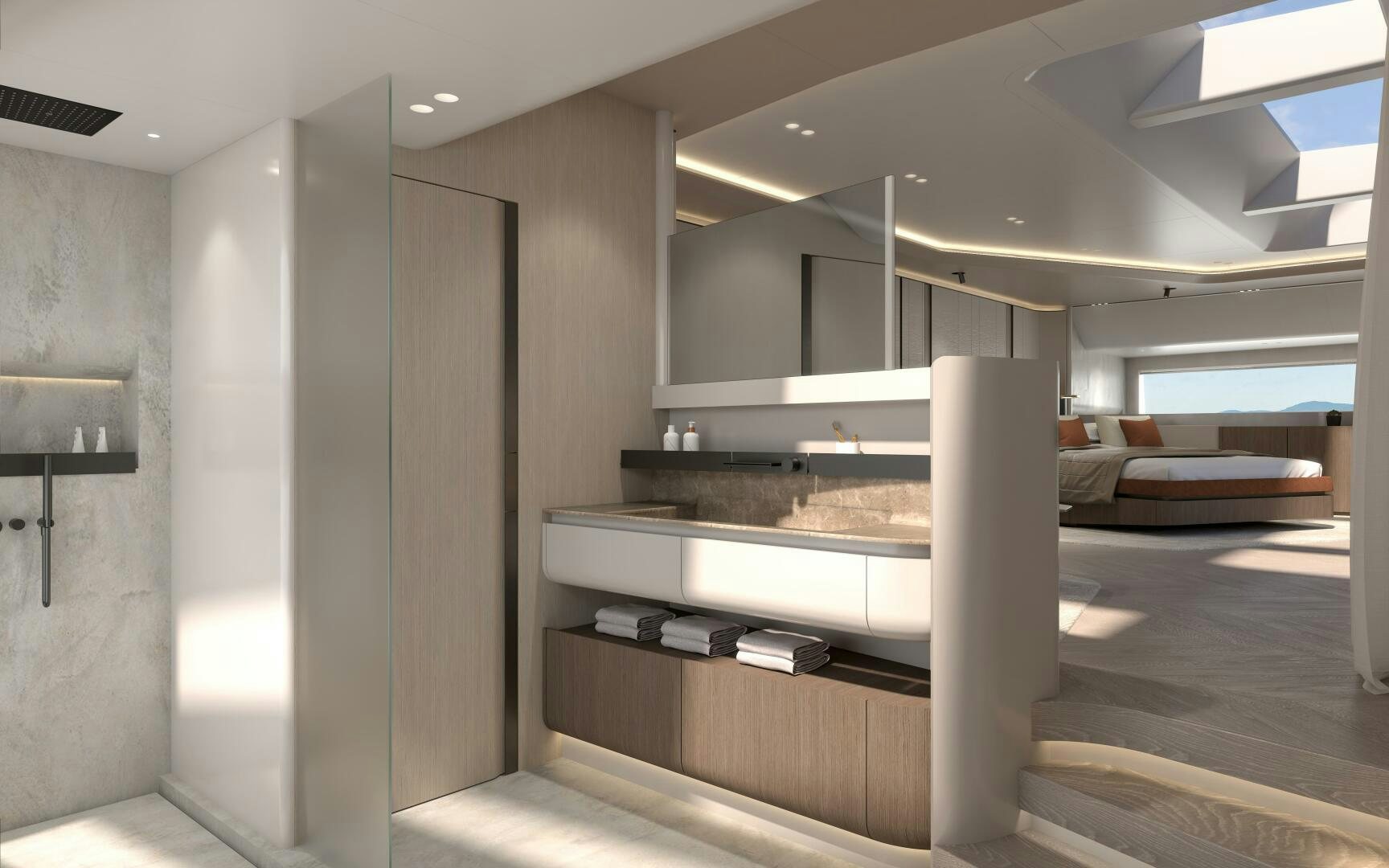 a room with a large glass door aboard X30 VILLA Yacht for Sale