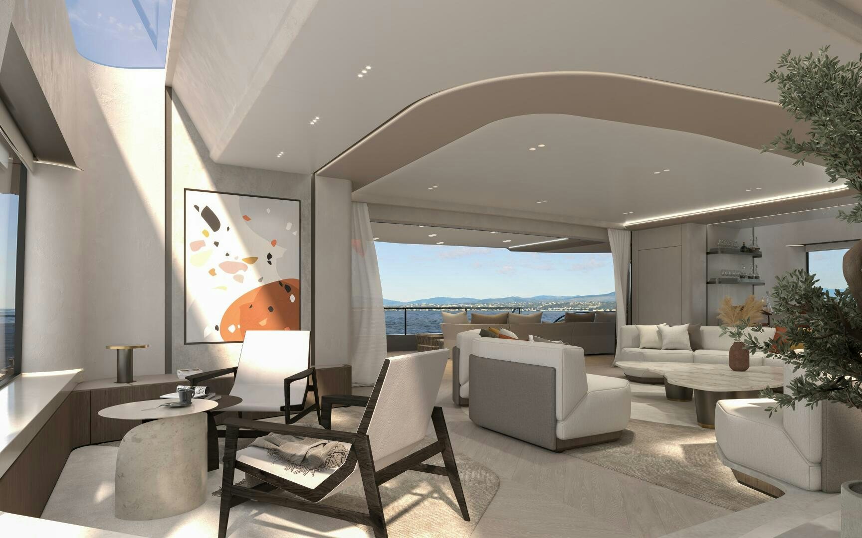 a living room with a large window aboard X30 VILLA Yacht for Sale