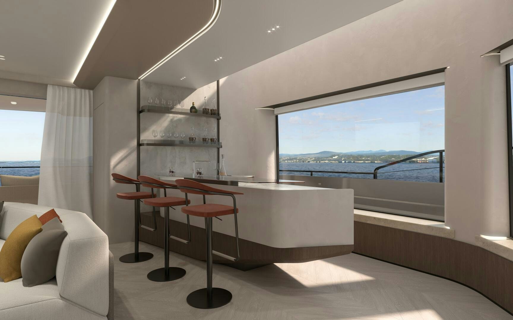 a room with a table and a window aboard X30 VILLA Yacht for Sale