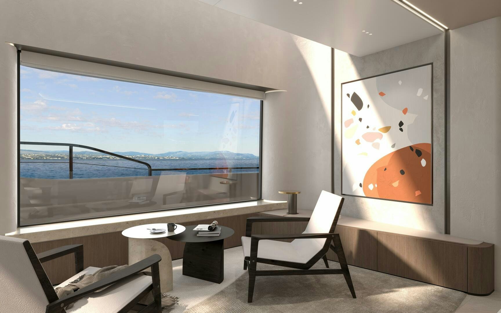 a room with a large window aboard X30 VILLA Yacht for Sale