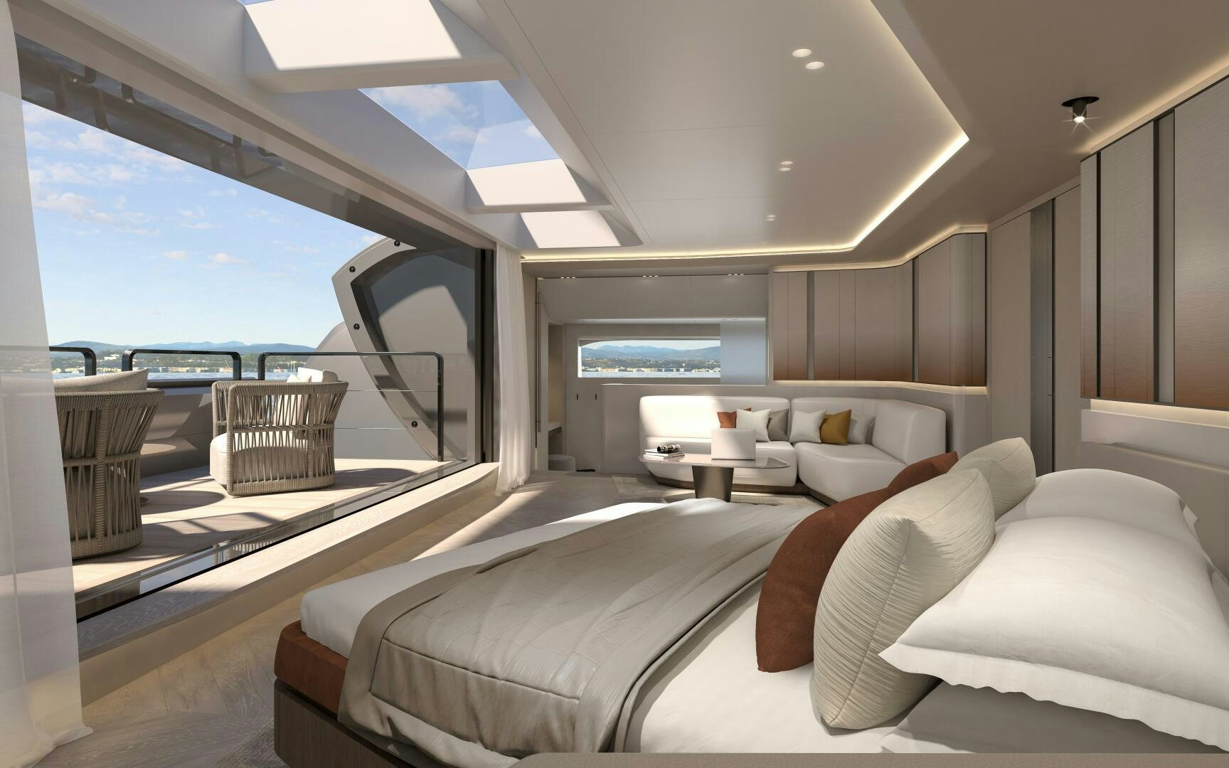 a room with a bed and a window aboard X30 VILLA Yacht for Sale