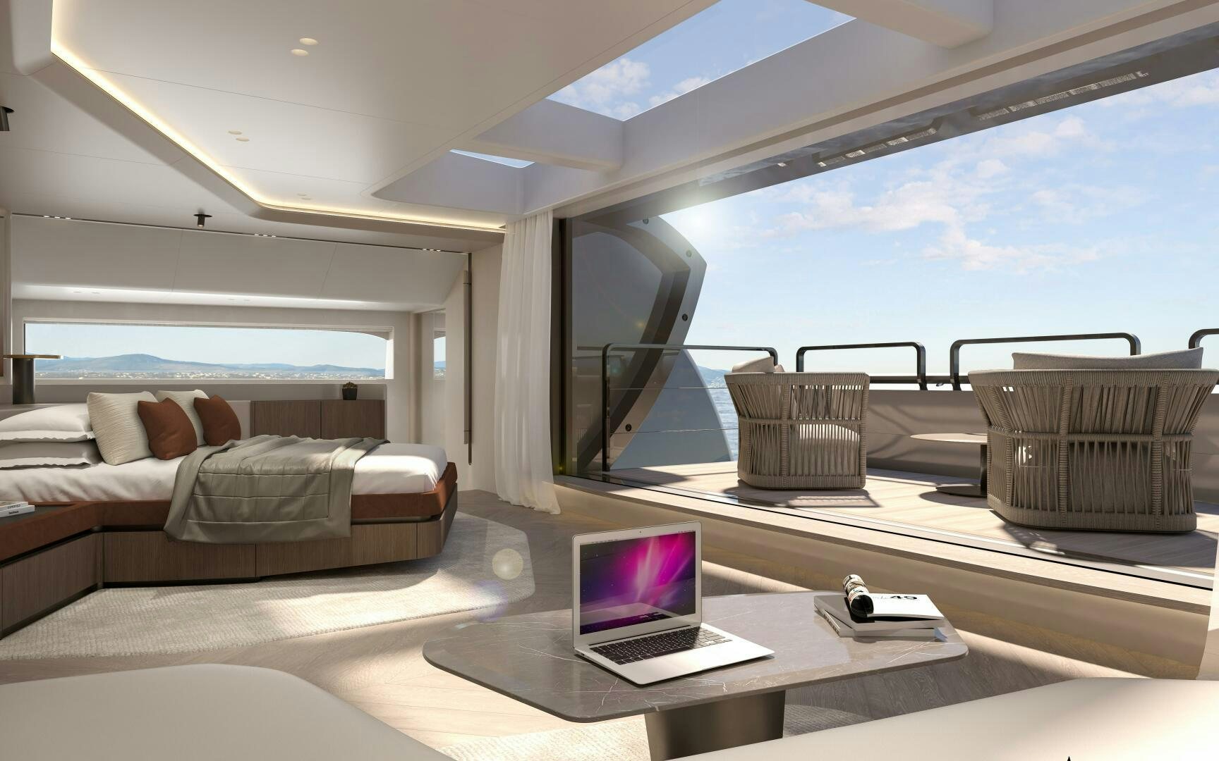 a room with a laptop and a bed aboard X30 VILLA Yacht for Sale