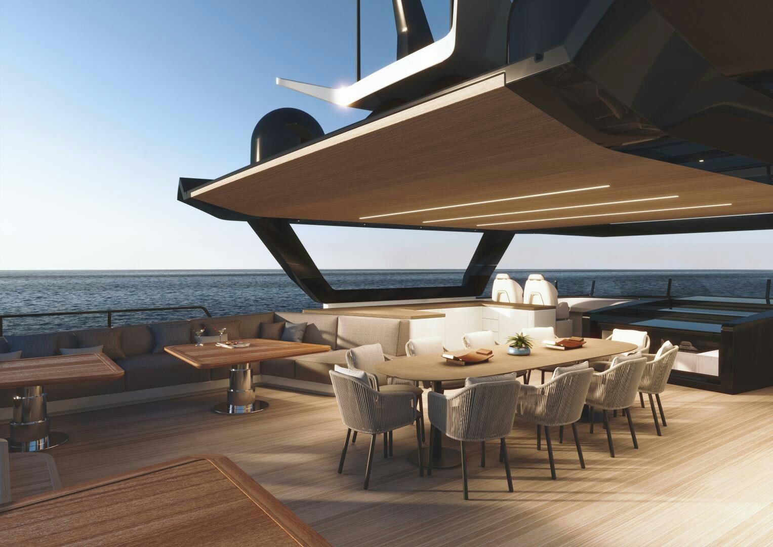 a large room with a large black and white object on the ceiling aboard X30 VILLA Yacht for Sale