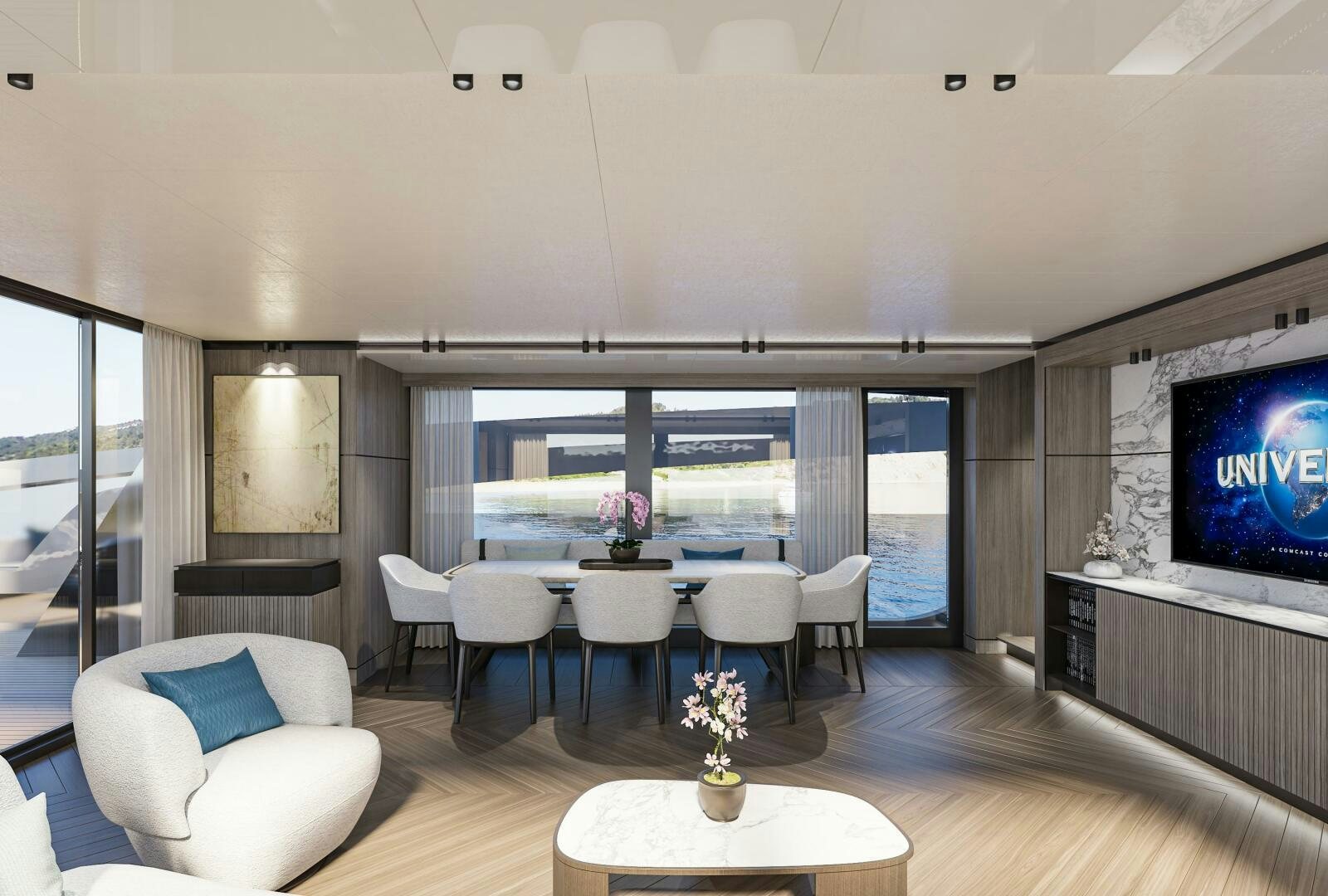 a living room with a large screen aboard X98 RPH Yacht for Sale