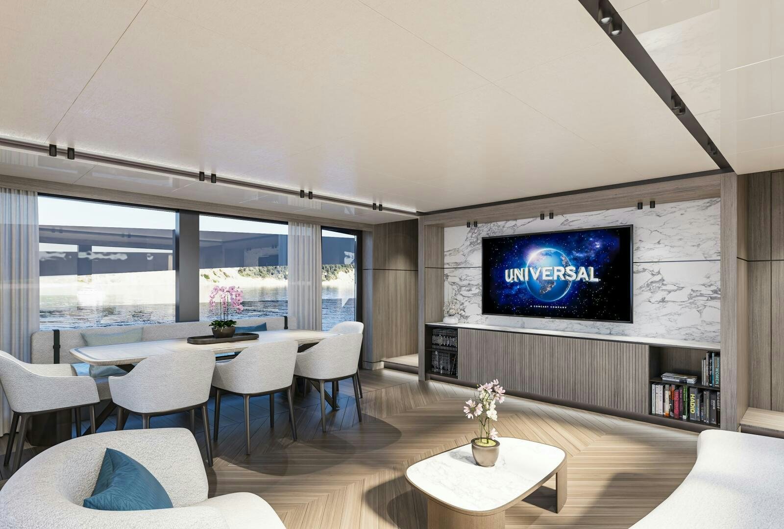 a room with a large screen aboard X98 RPH Yacht for Sale