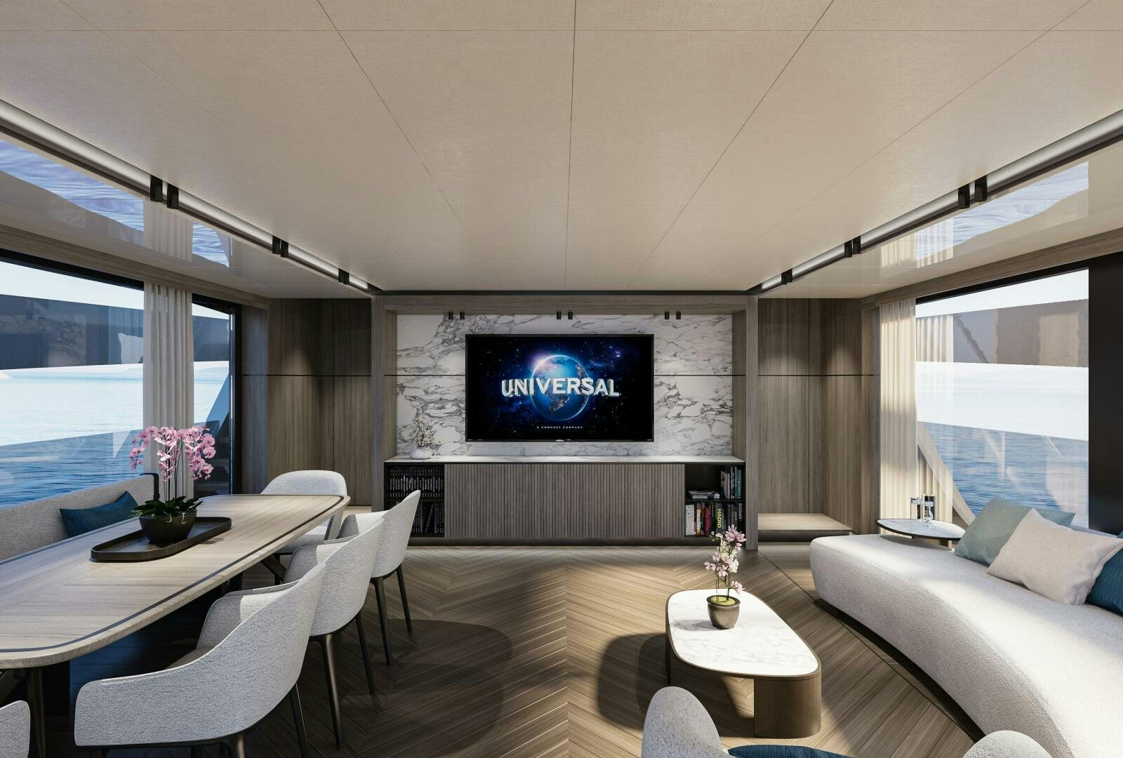 a living room with a large screen aboard X98 RPH Yacht for Sale