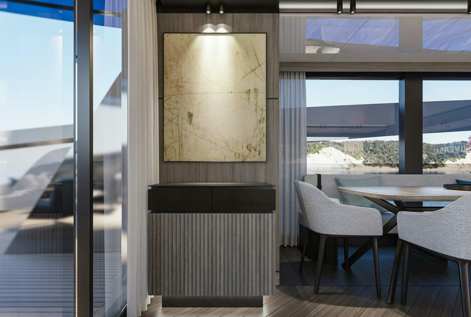 a room with a table and chairs aboard X98 RPH Yacht for Sale