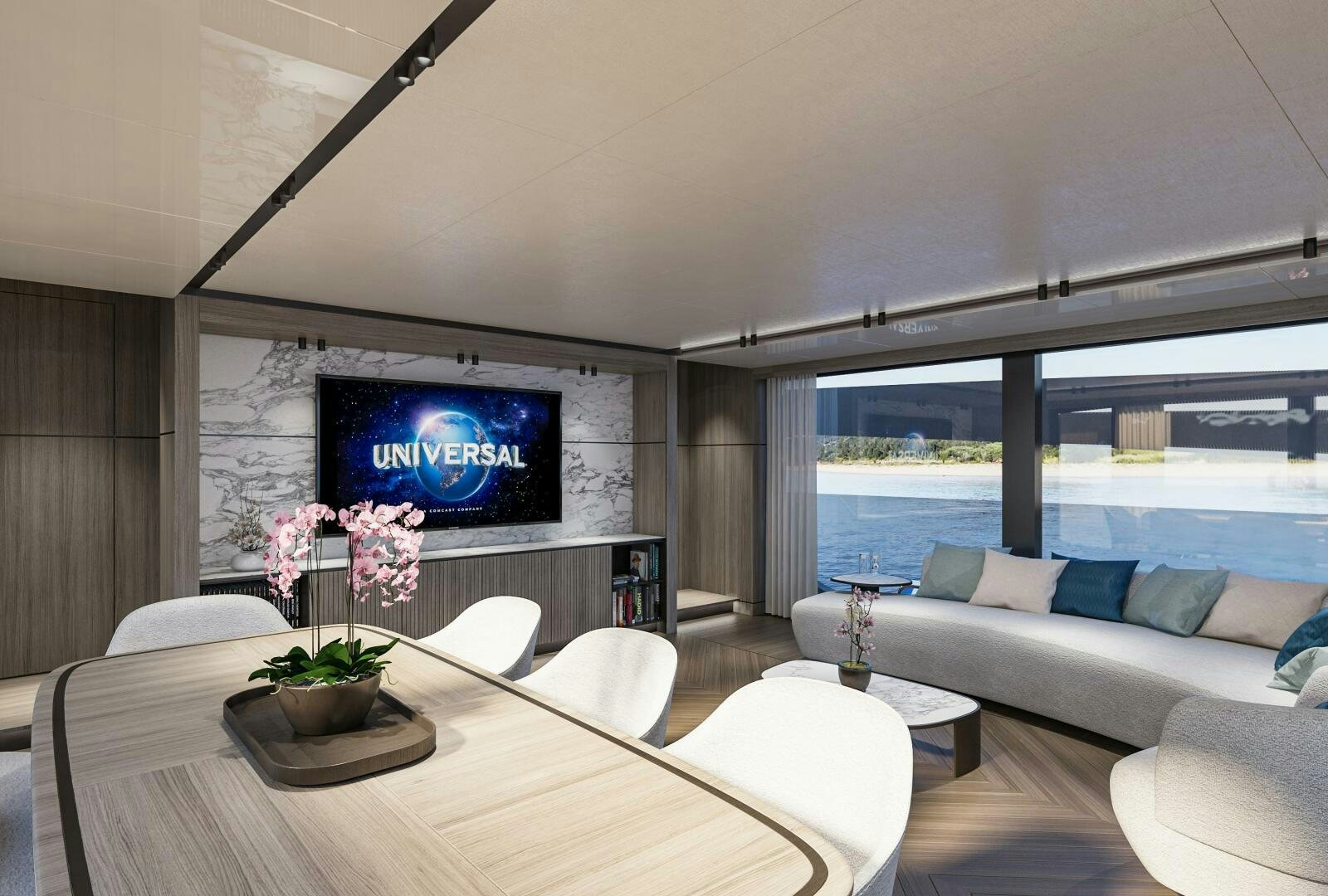 a living room with a large screen aboard X98 RPH Yacht for Sale