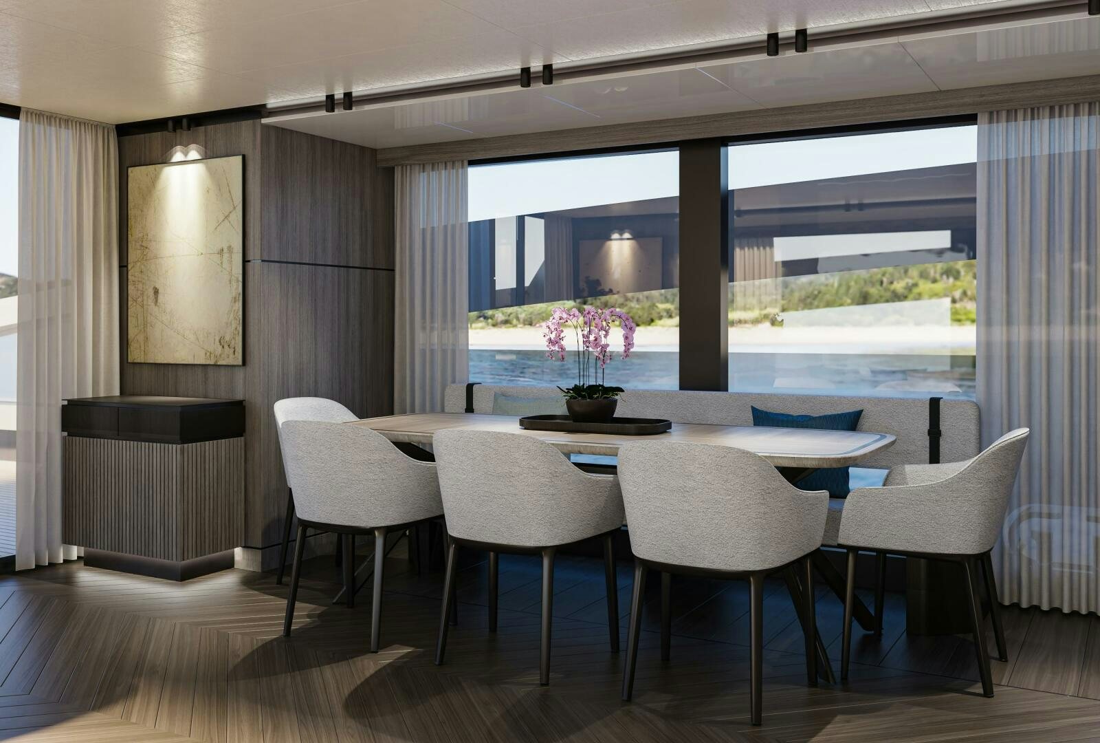 a room with a table and chairs aboard X98 RPH Yacht for Sale