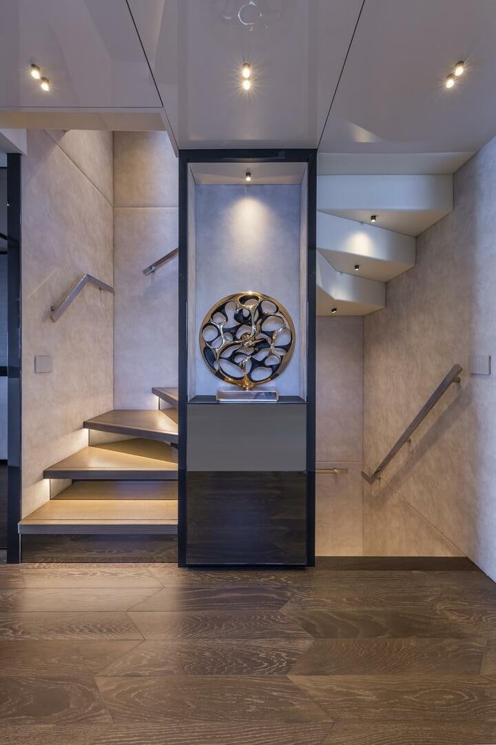 a staircase in a building aboard X96 TRIPLEX Yacht for Sale