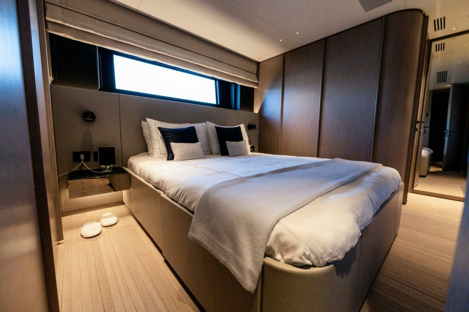 a bed in a room aboard SEAESTA Yacht for Sale