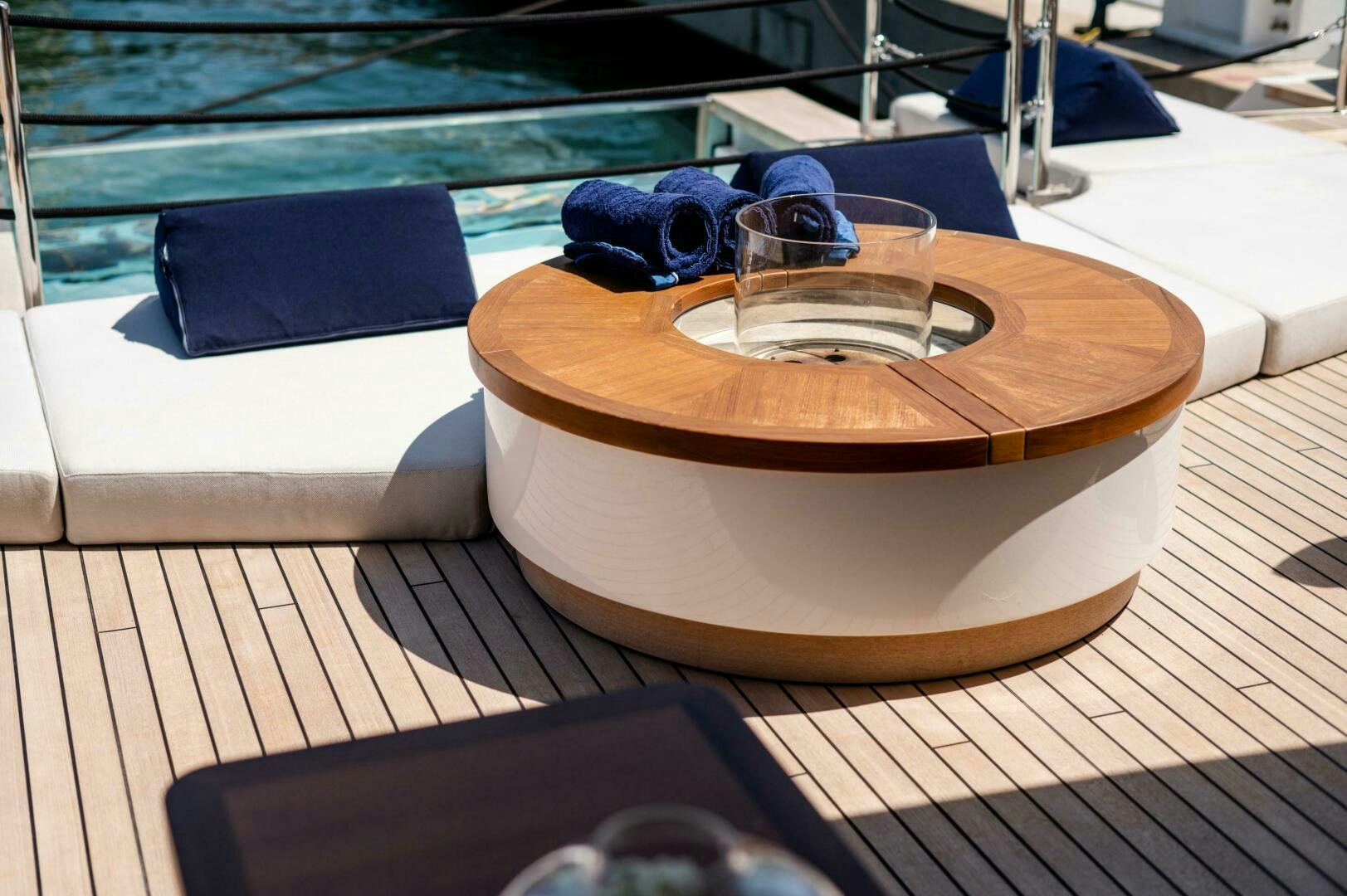 a wooden box on a deck aboard SEAESTA Yacht for Sale