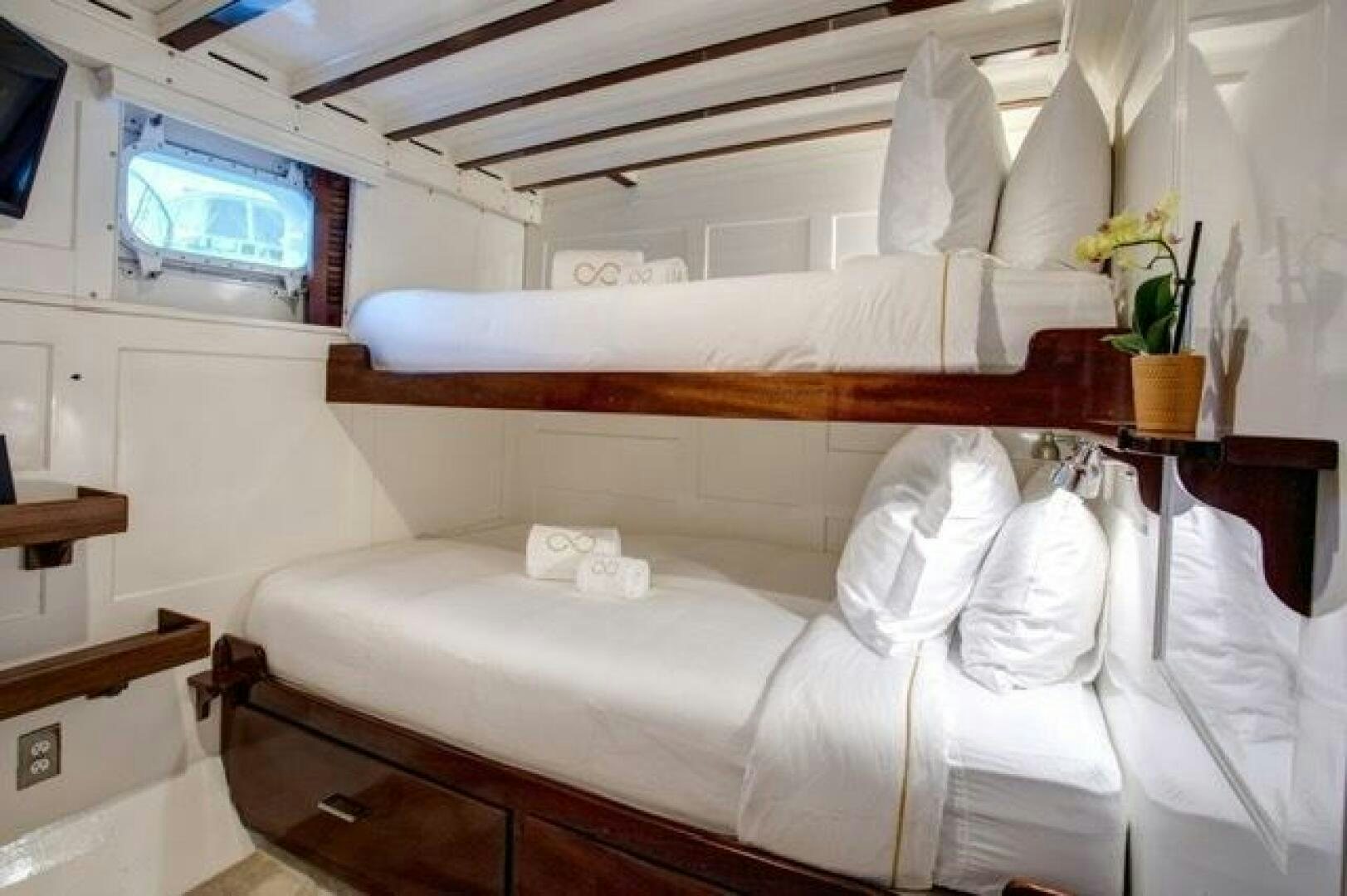 a bed with white sheets aboard TIMELESS Yacht for Sale