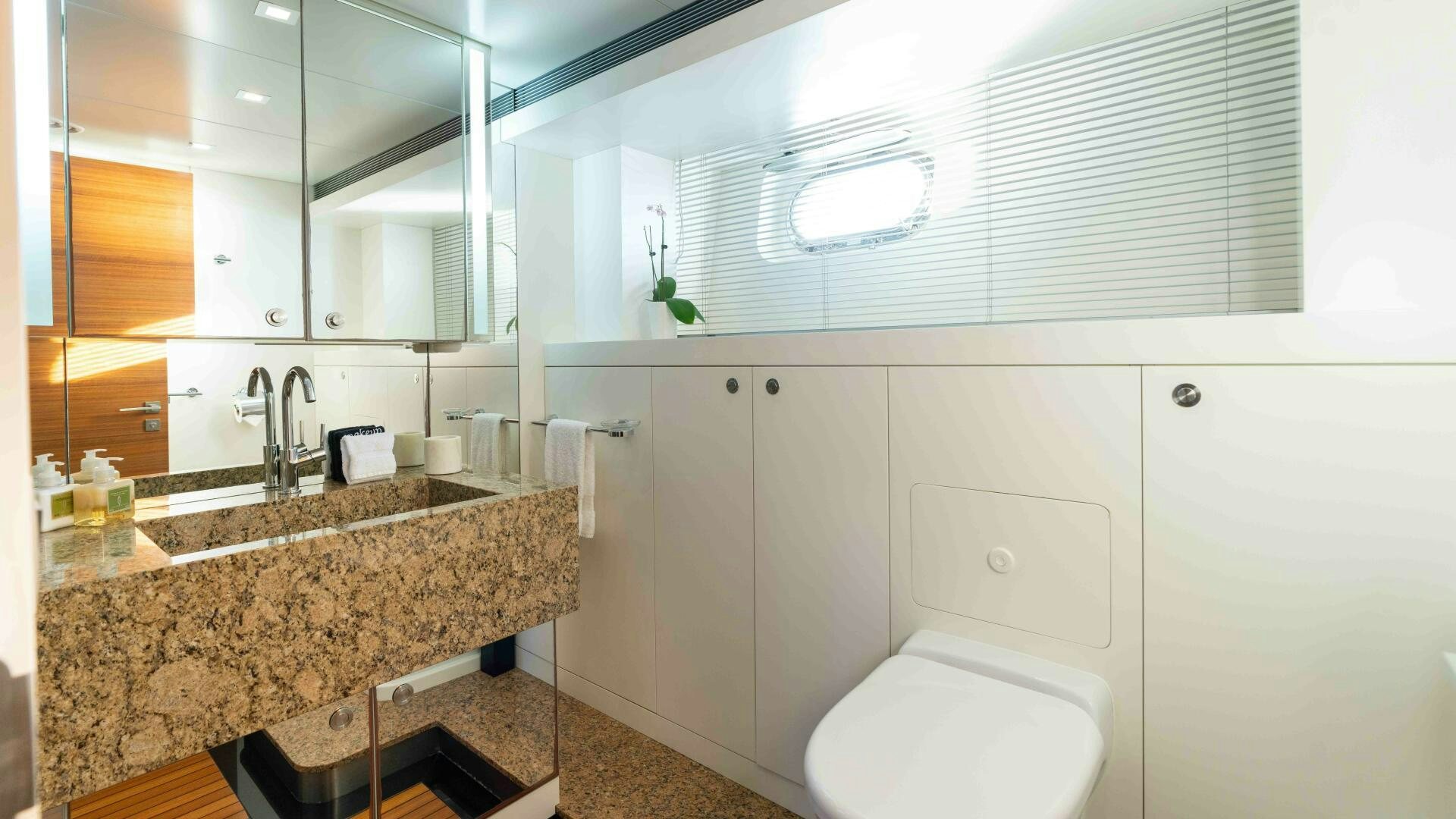 a bathroom with a sink and a toilet aboard SEA AXIS Yacht for Sale