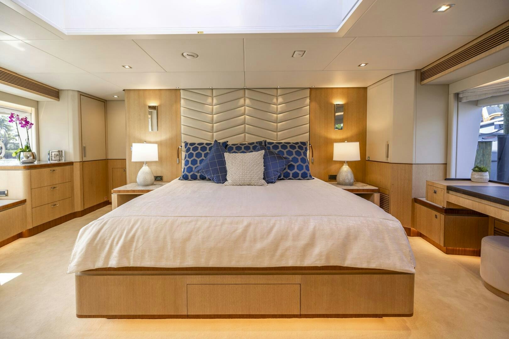 a large bed in a hotel room aboard AQUA LIFE Yacht for Sale