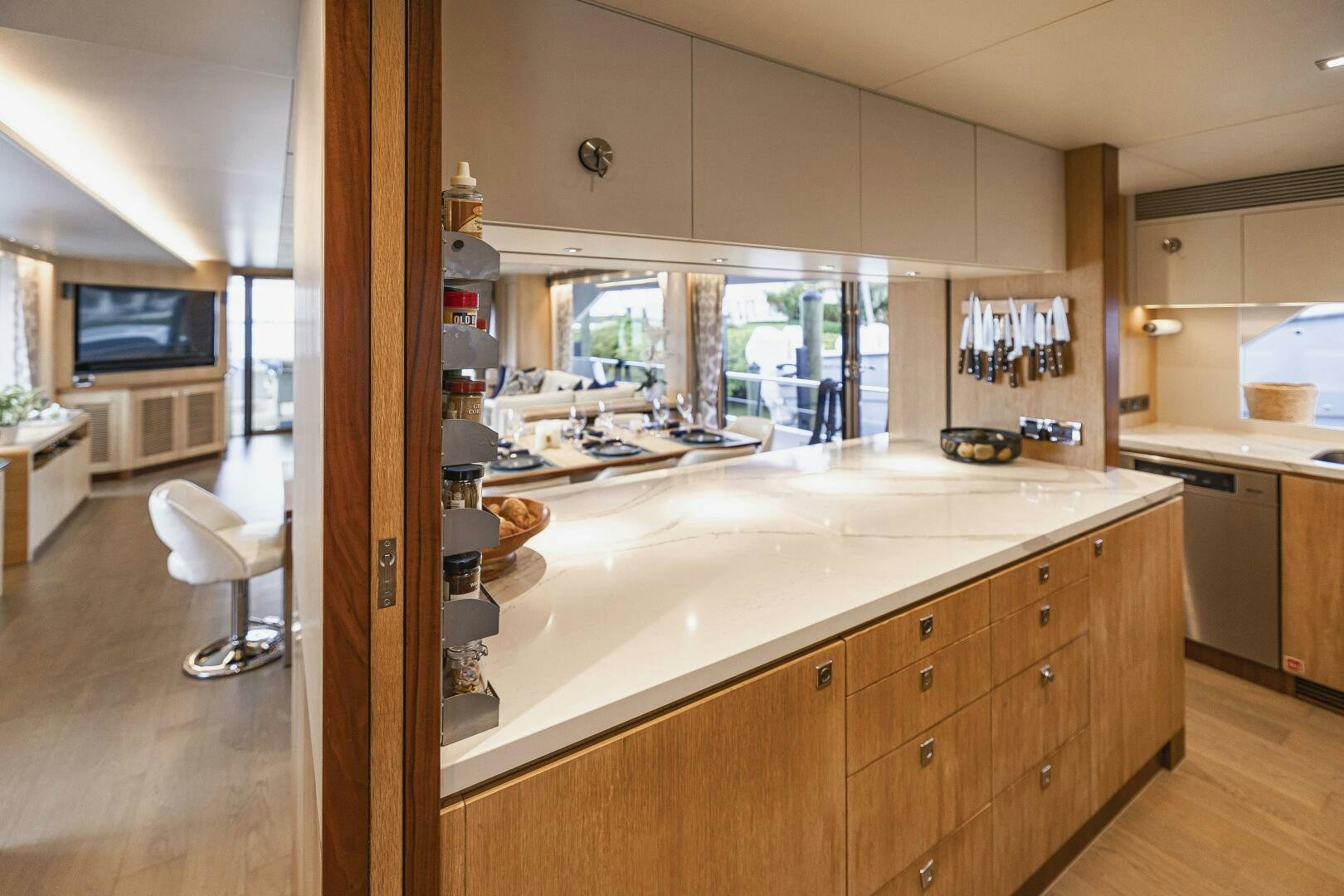 a kitchen with a large island aboard AQUA LIFE Yacht for Sale