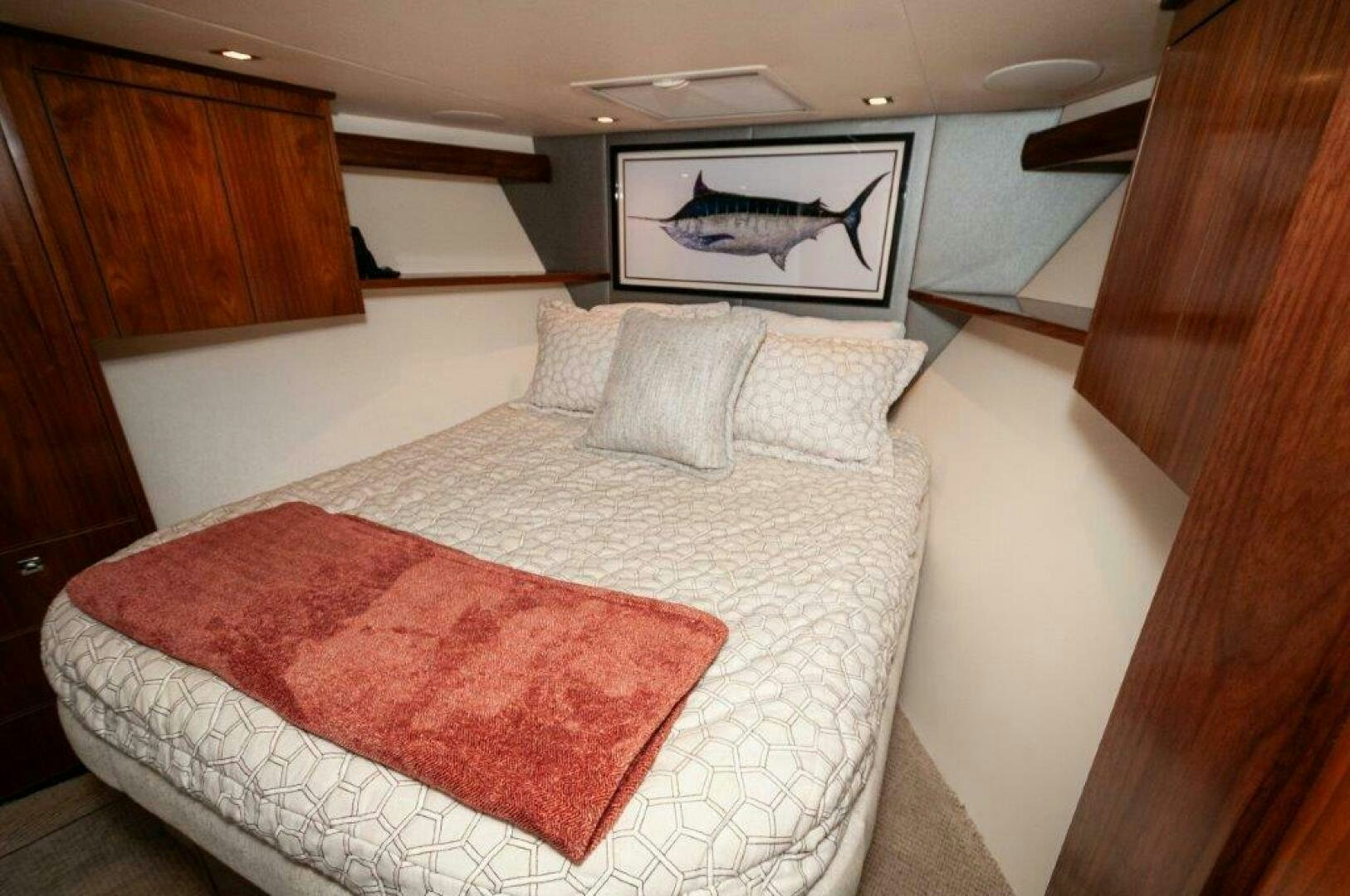 a bed with pillows aboard FLEUR DE LIS Yacht for Sale
