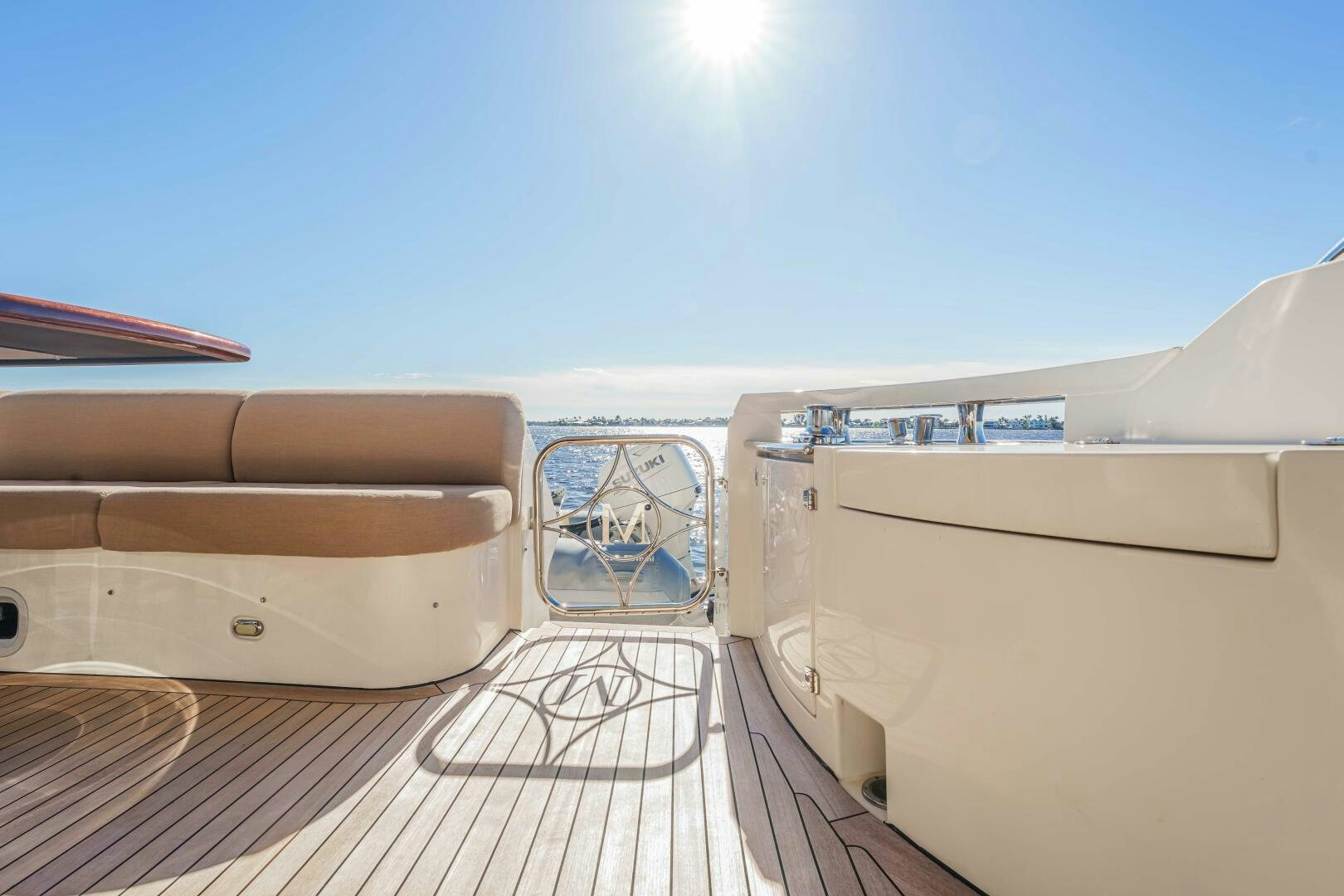 a large white vehicle with a large flat bed and a large window aboard SERENITY Yacht for Sale