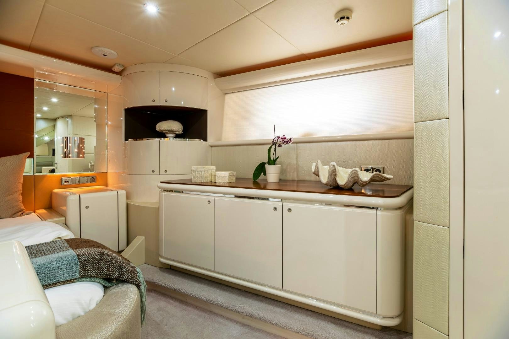 a kitchen with a white cupboard aboard GRANDEUR Yacht for Sale