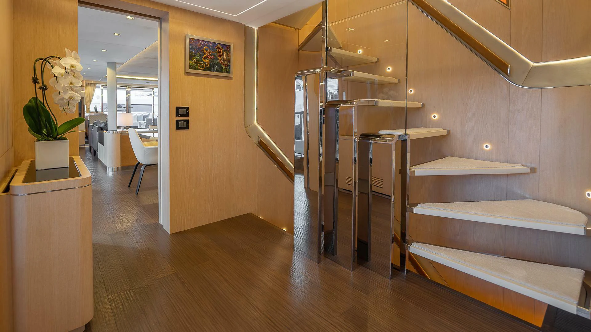 a room with a bed and a desk aboard NAMASTE Yacht for Sale