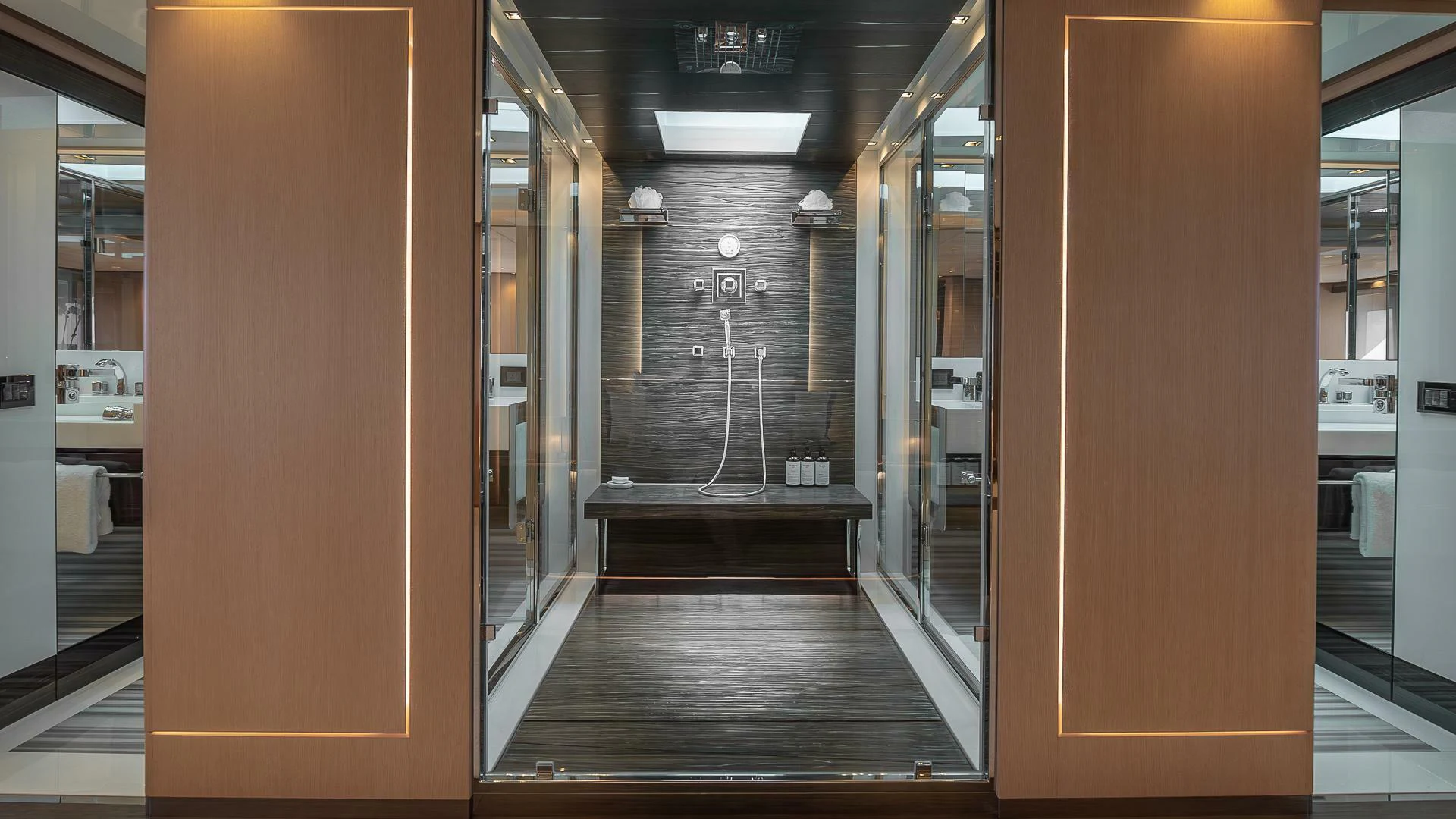a hallway with doors aboard NAMASTE Yacht for Sale