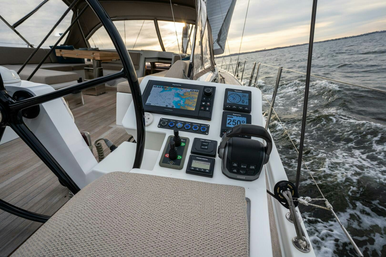 a boat with a screen and a view of the land below aboard FORTITUDE Yacht for Sale