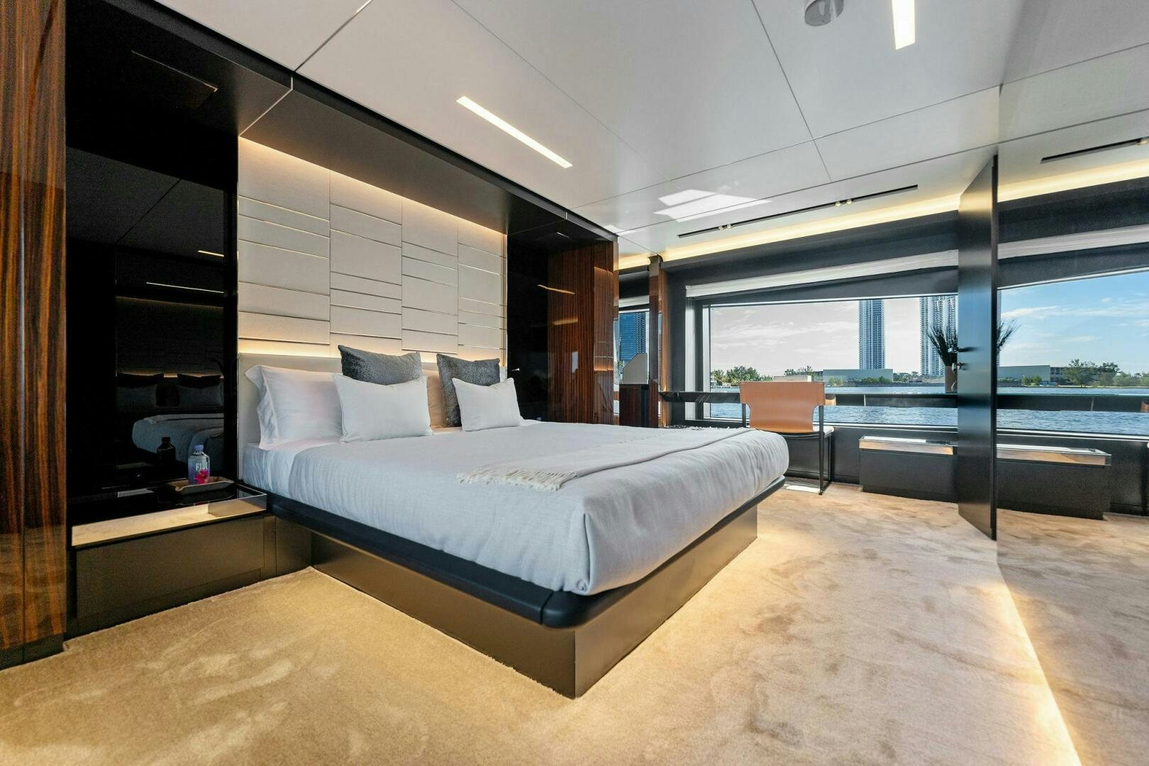 a large bed in a room aboard CORSARO SUPER Yacht for Sale