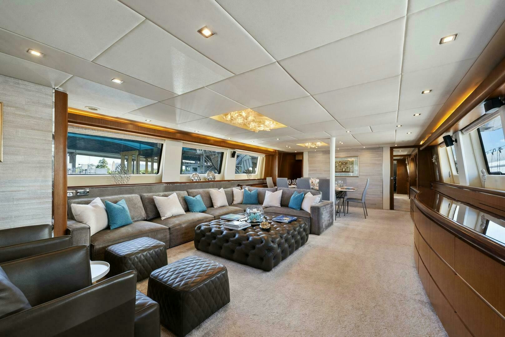 a living room with a large window aboard PRINCESS LONA Yacht for Sale