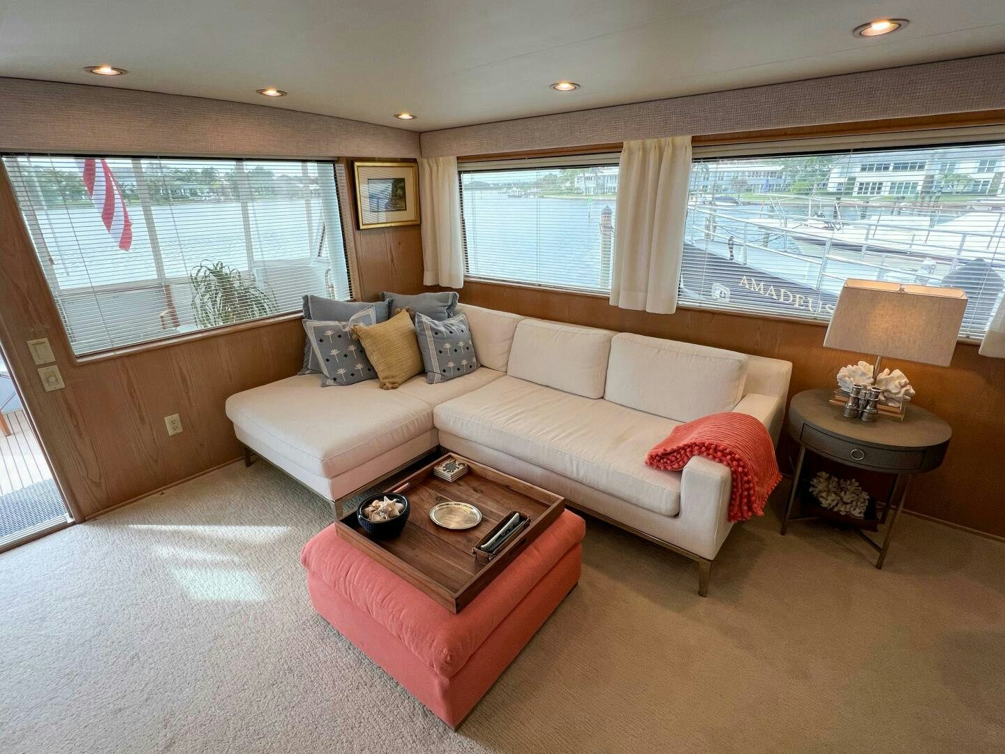 a living room with a couch and a table aboard AT EASE Yacht for Sale