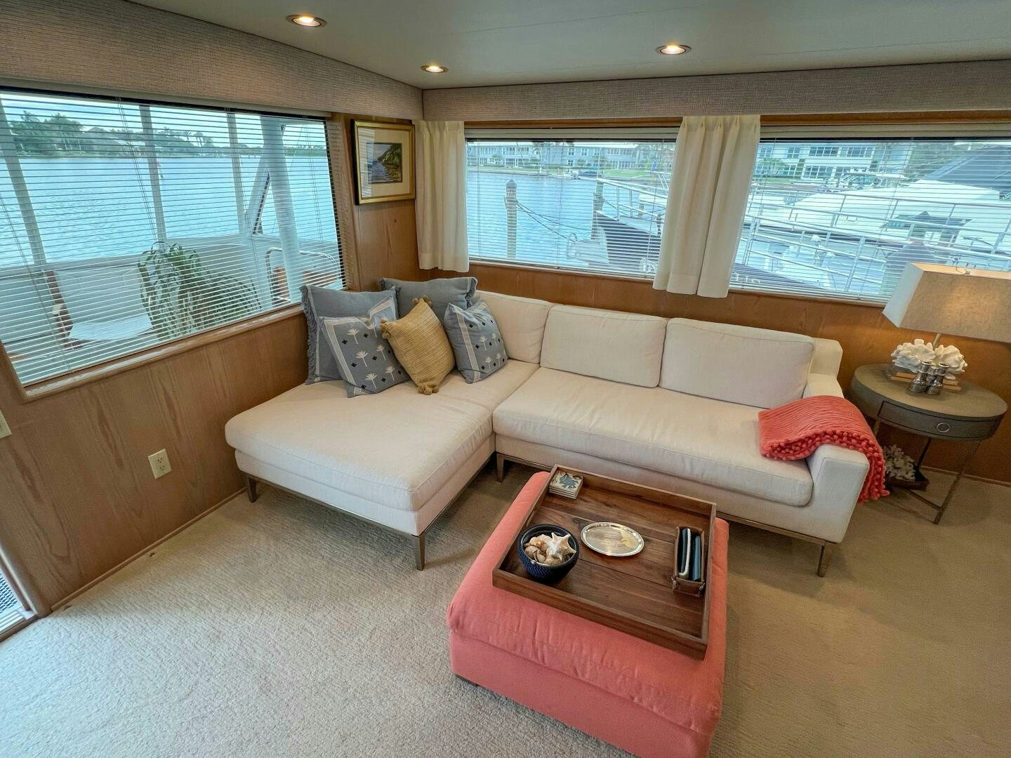 a living room with a couch and a table aboard AT EASE Yacht for Sale